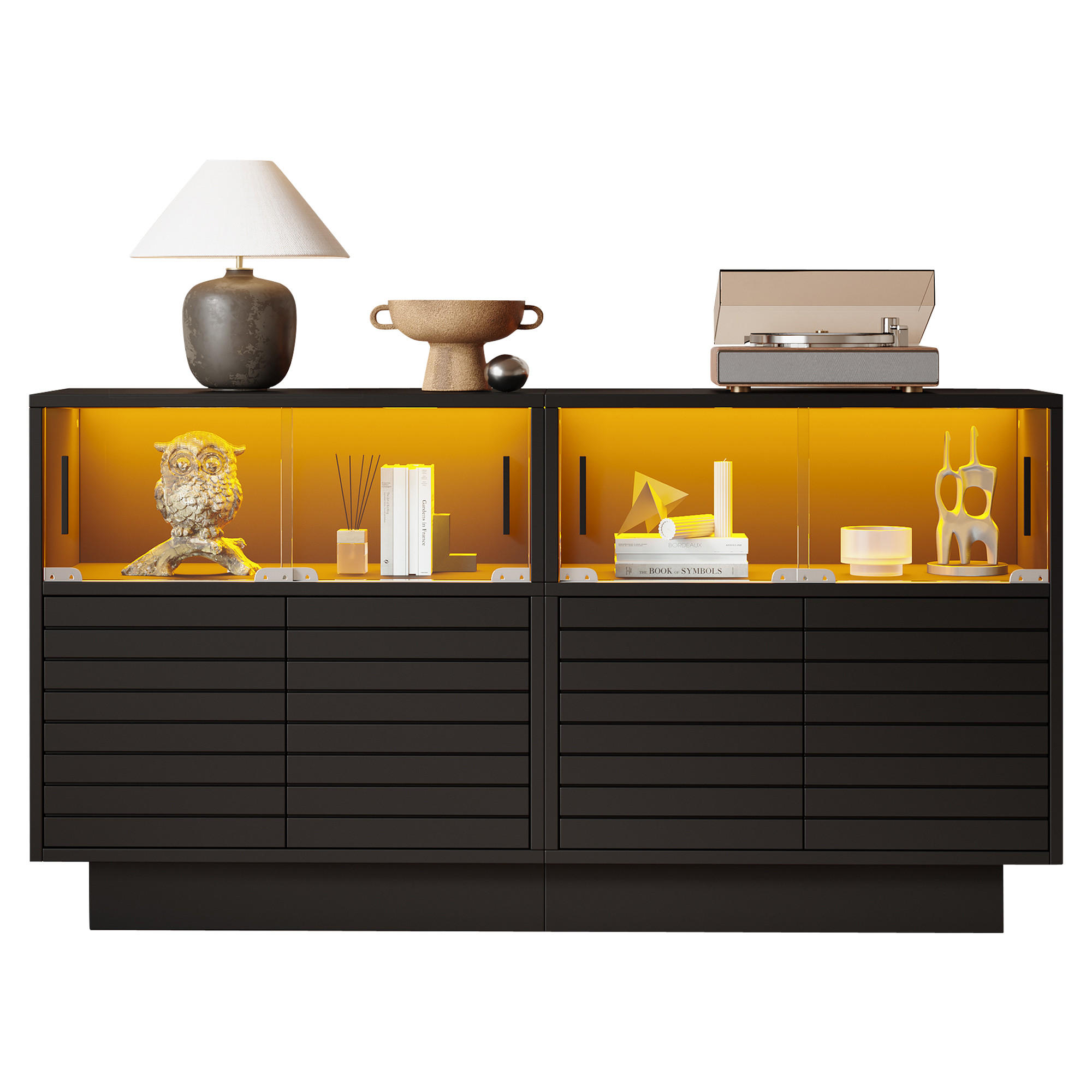 SIDEBOARD Schwarz, mit LED-Beleuchtung, Glaseinsätzen, geriffelten Fronten und Innenfächern, 130/35/68 cm - Schwarz, Glas/Holzwerkstoff (130/68/35cm) - WISHDOR