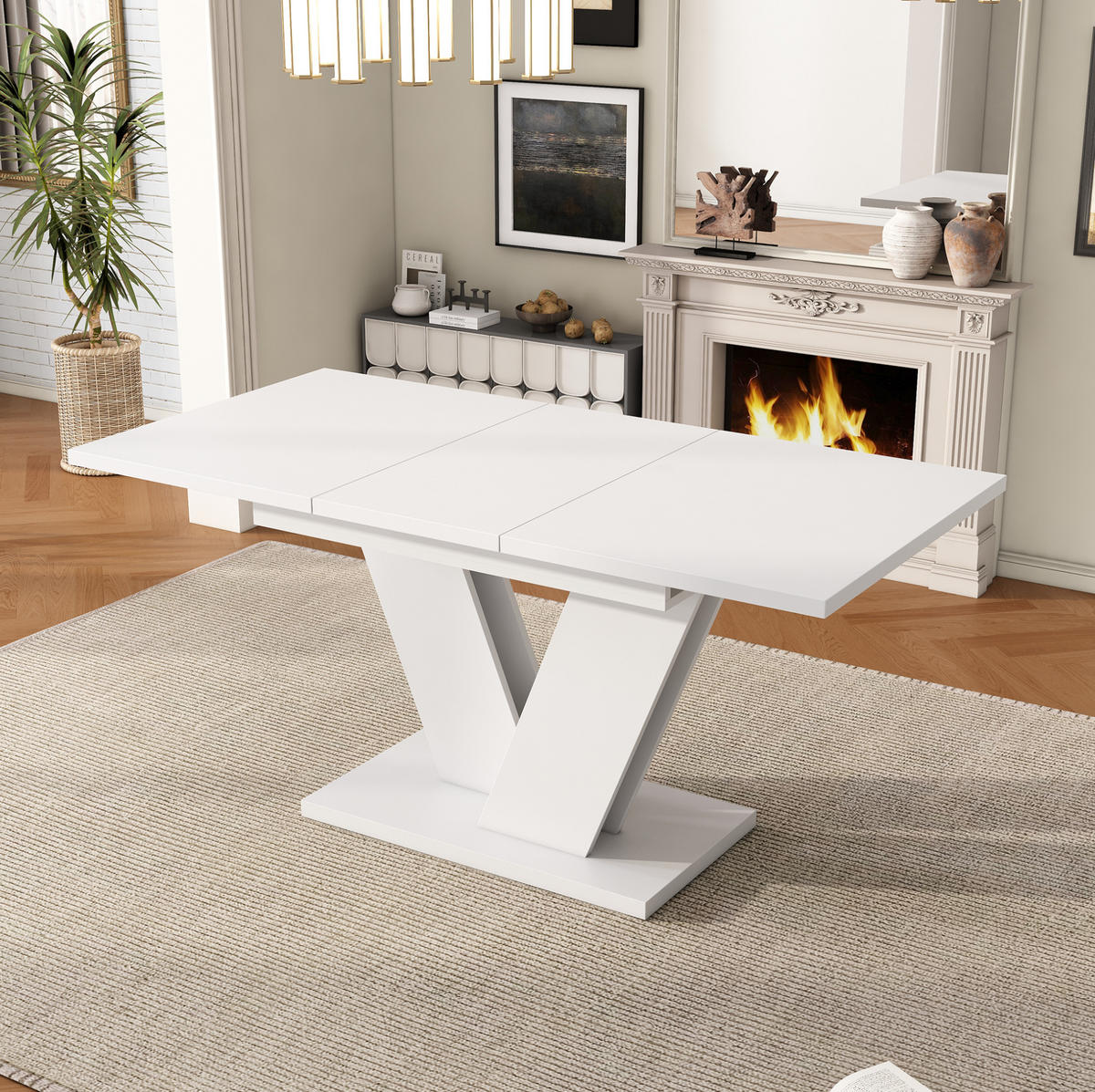 ESSTISCH aus MDF 160x80x75 cm Weiß ausziehbar mit V-förmigen Metallbeinen - Weiß, Holzwerkstoff (160/80/75cm) - Modfu