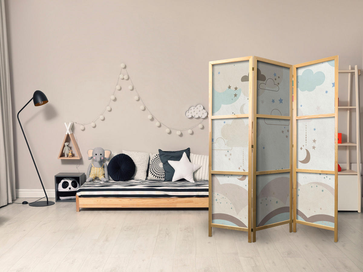 PARAVENT Japanischer 3-tlg 135x172 cm Pastellfarbene Wolken und Sterne - Beige, Holz/Textil (135/172/3cm) - Muralo