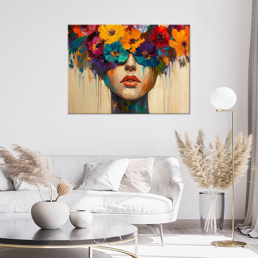 LEINWANDBILD Abstrakte Frau mit Blumen auf dem Kopf 60x40cm - Multicolor, Textil (60/40cm) - Feeby