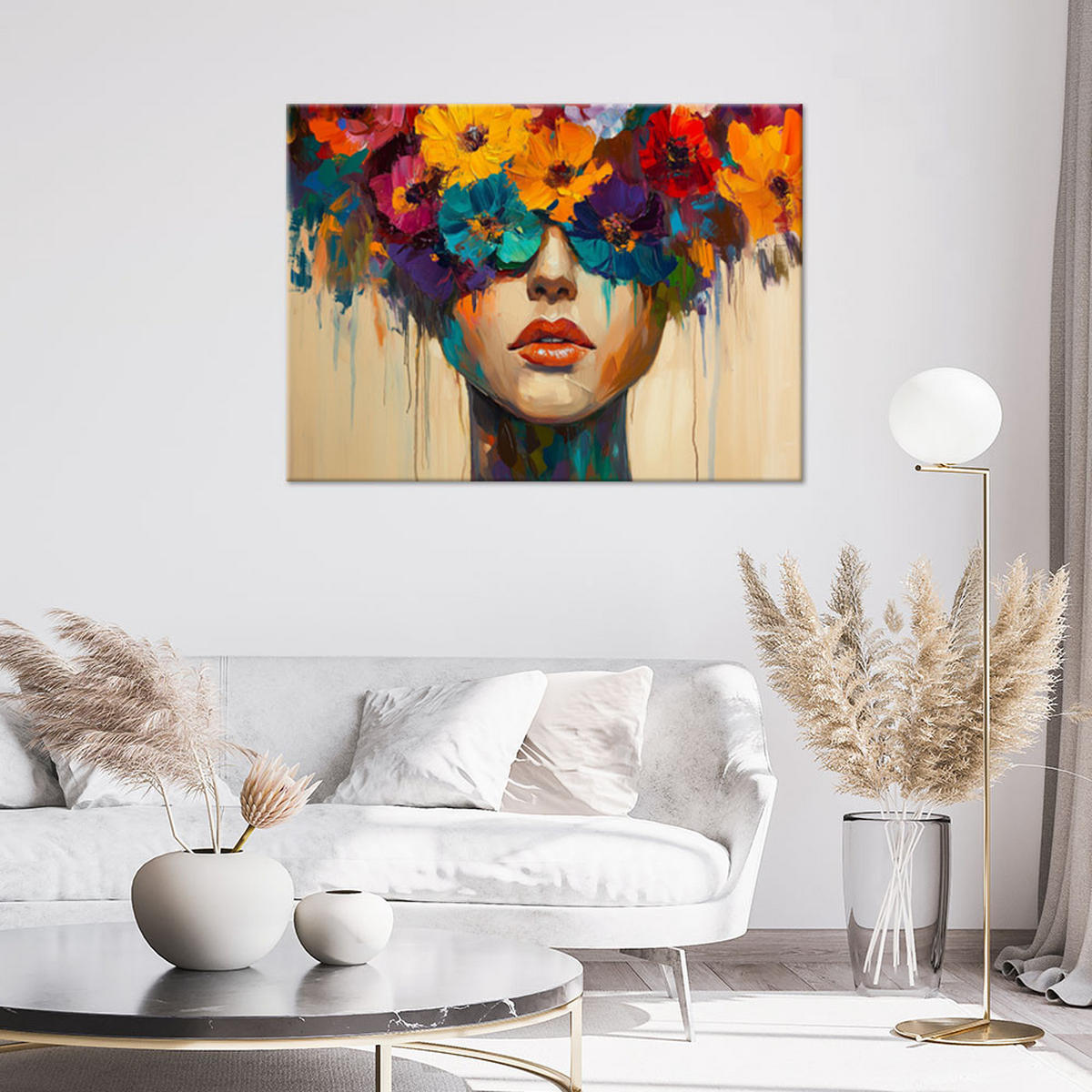 LEINWANDBILD Abstrakte Kunst Frau mit Blumen auf dem Kopf - Multicolor, Textil (120/80cm) - Feeby
