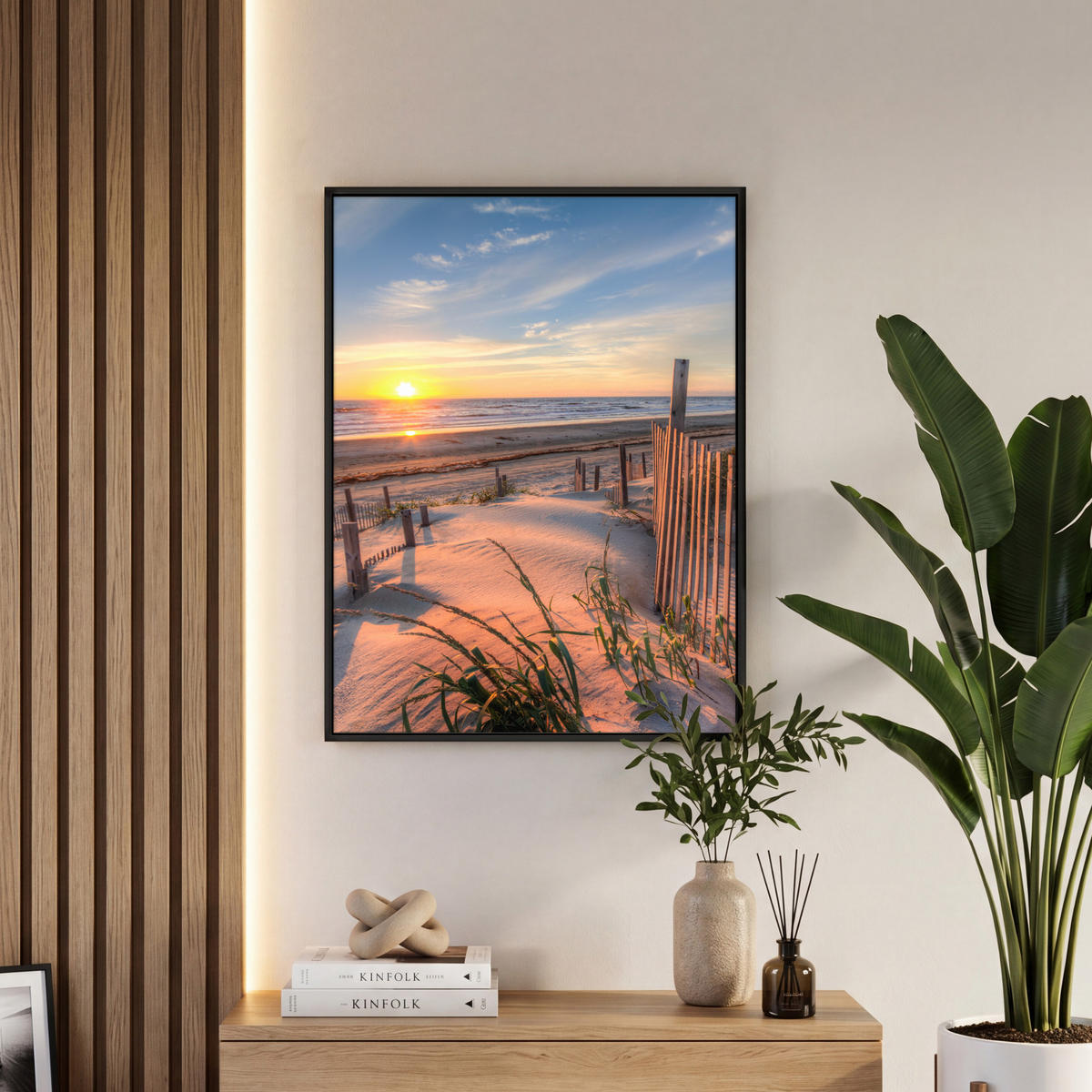 LEINWAND Bilder mit Rahmen - Strand - Meer - Düne - Sonnenuntergang - Landschaft - 50x70 - Beige, Textil (50/70cm) - MuchoWow