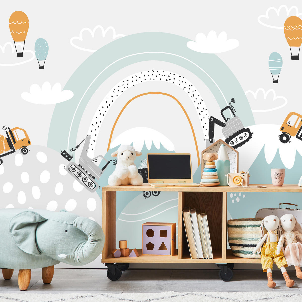 FOTOTAPETE für Kinderzimmer Baumaschinen Regenbogen Hügel Wolken 300x210 - Blau/Schwarz, Papier (300/210cm) - Muralo