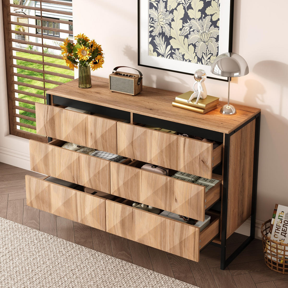 SIDEBOARD 120/40/80 cm mit 6 Schubladen in Schwarz & Natur im industriellen Look - Naturfarben, Holzwerkstoff (120/80/40cm) - BEAOK