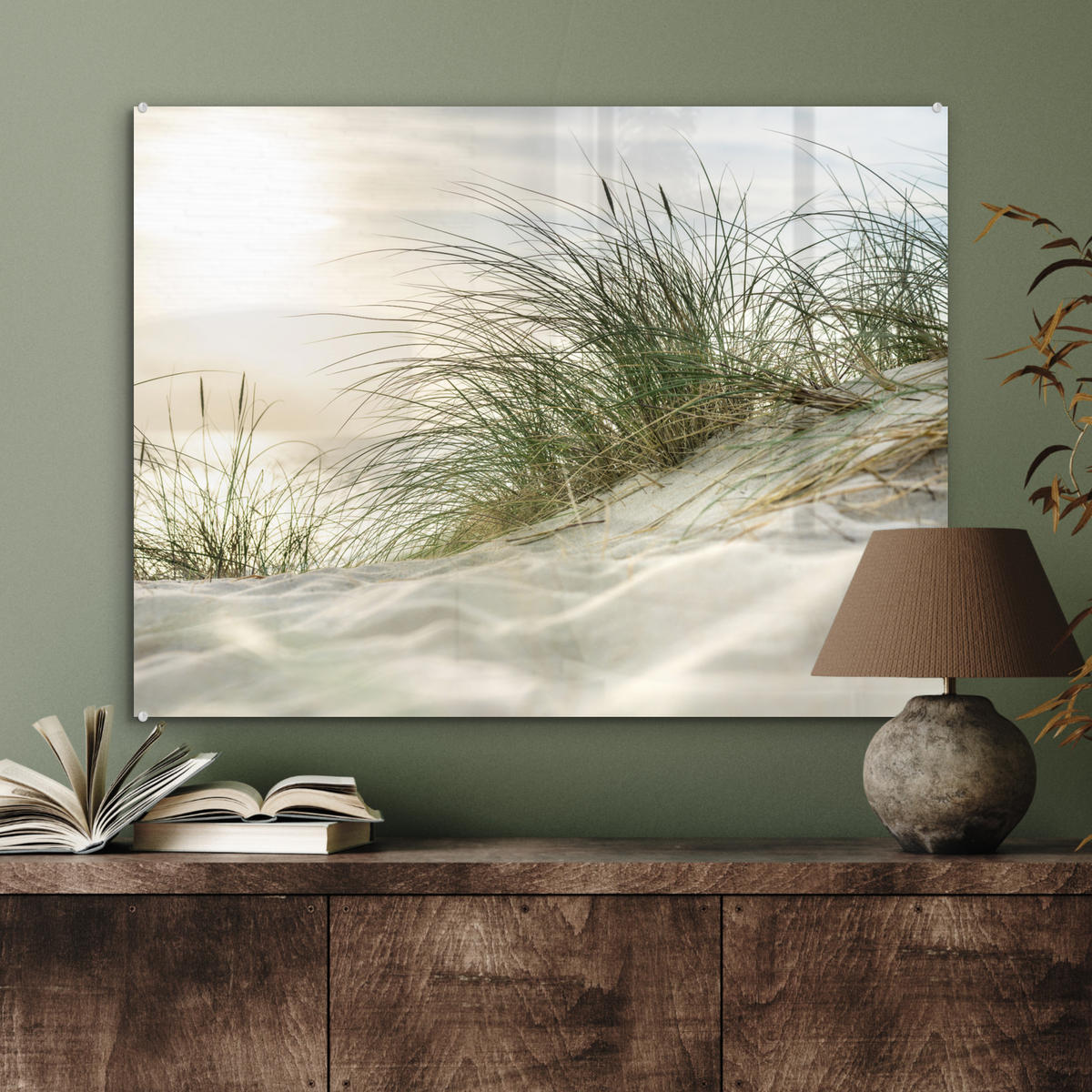 OBRAZ NA AKRYLOVOM SKLE Duny s marramovou trávou pod slnkom nemeckého národného parku Schleswig-Holsteinisches Wattenmeer 80x60 cm - krémová, sklo (80/60cm) - MuchoWow