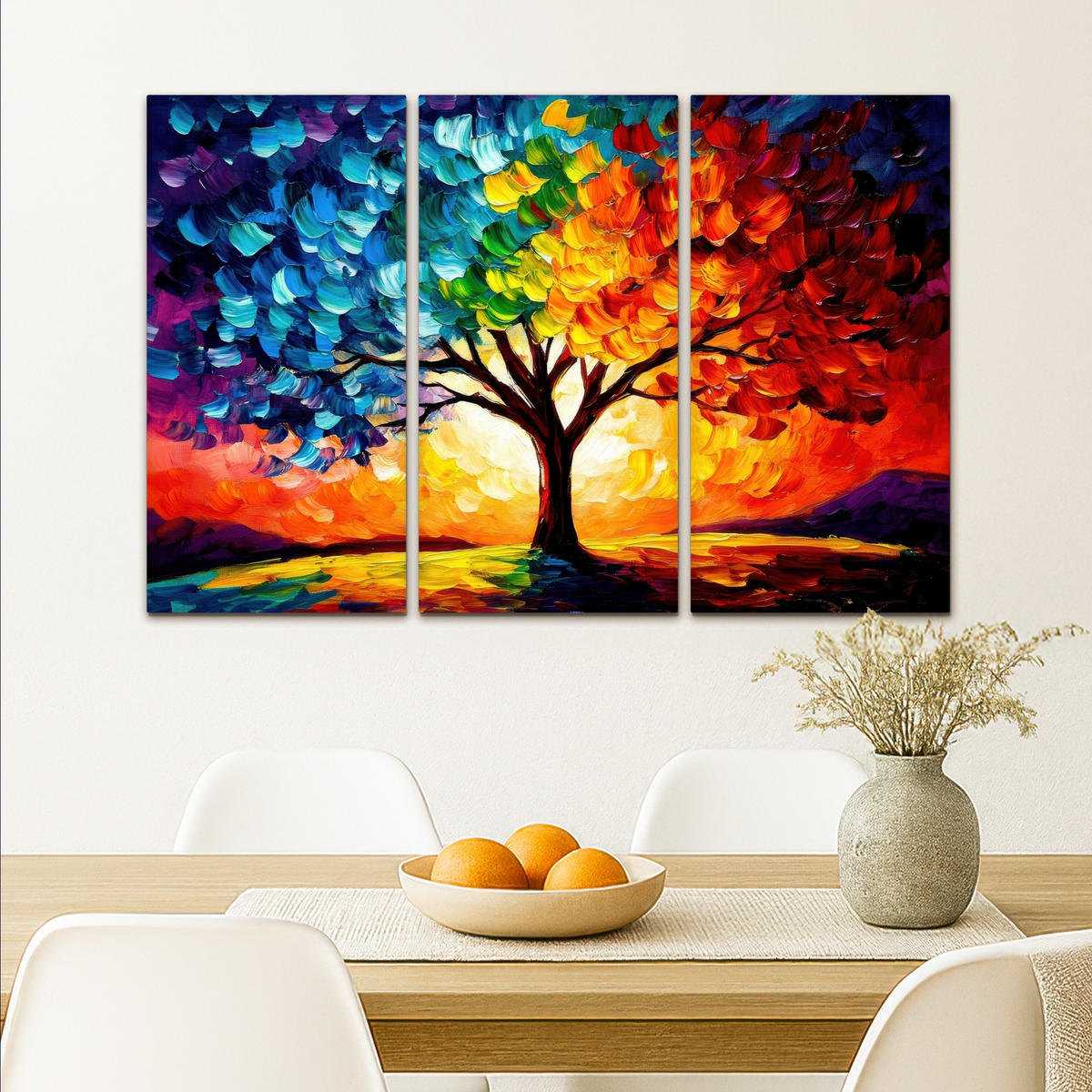 LEINWANDBILD 3er Set Baum - Farbenfroh - Malerei-Look - Abstrakt 90x60 cm - Multicolor, Textil (90/60cm) - MuchoWow