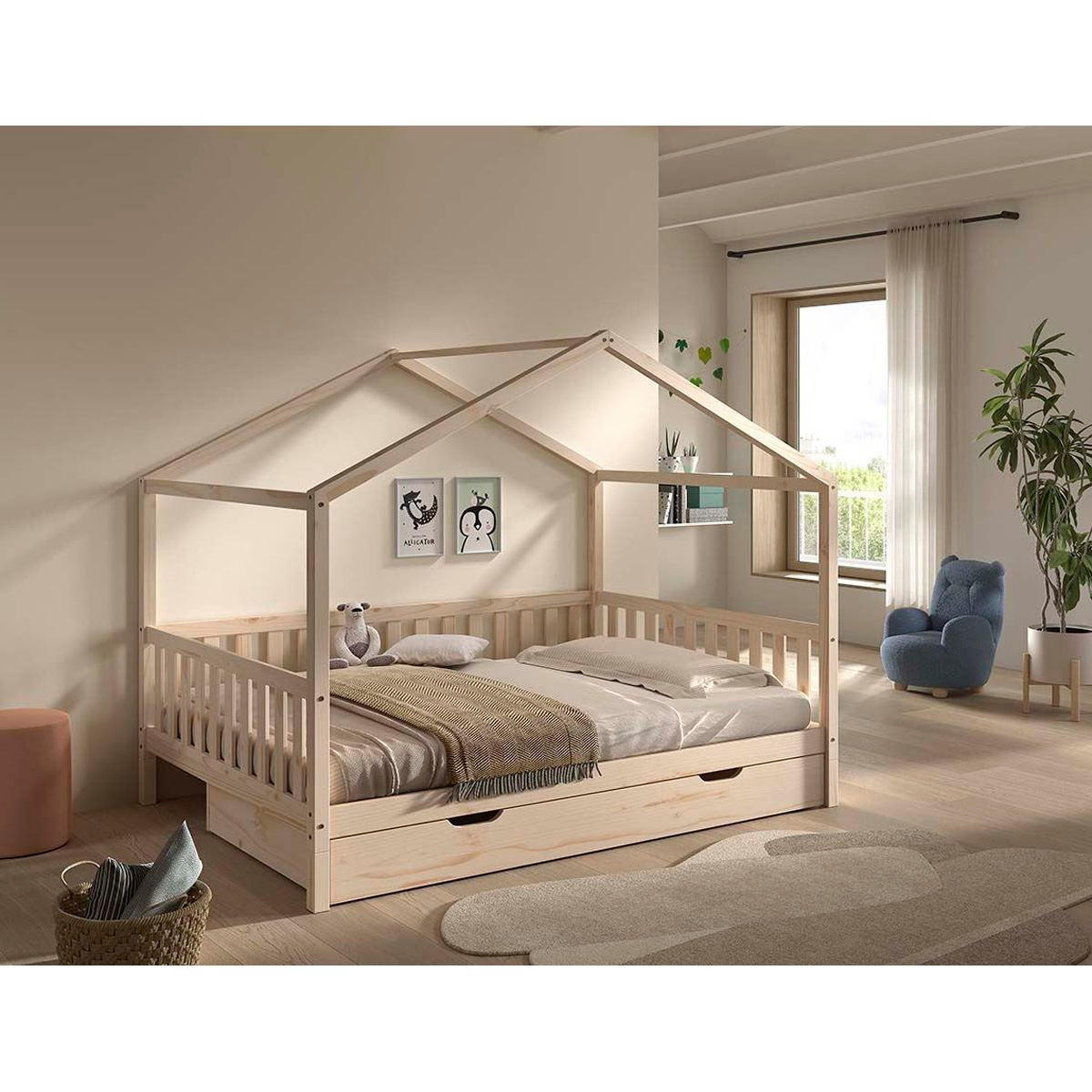 HAUSBETT Kapua 140x200 mit Bettschublade Kiefer Massivholz Natur - Kieferfarben, Holz (140/200cm) - 58aufmkessel