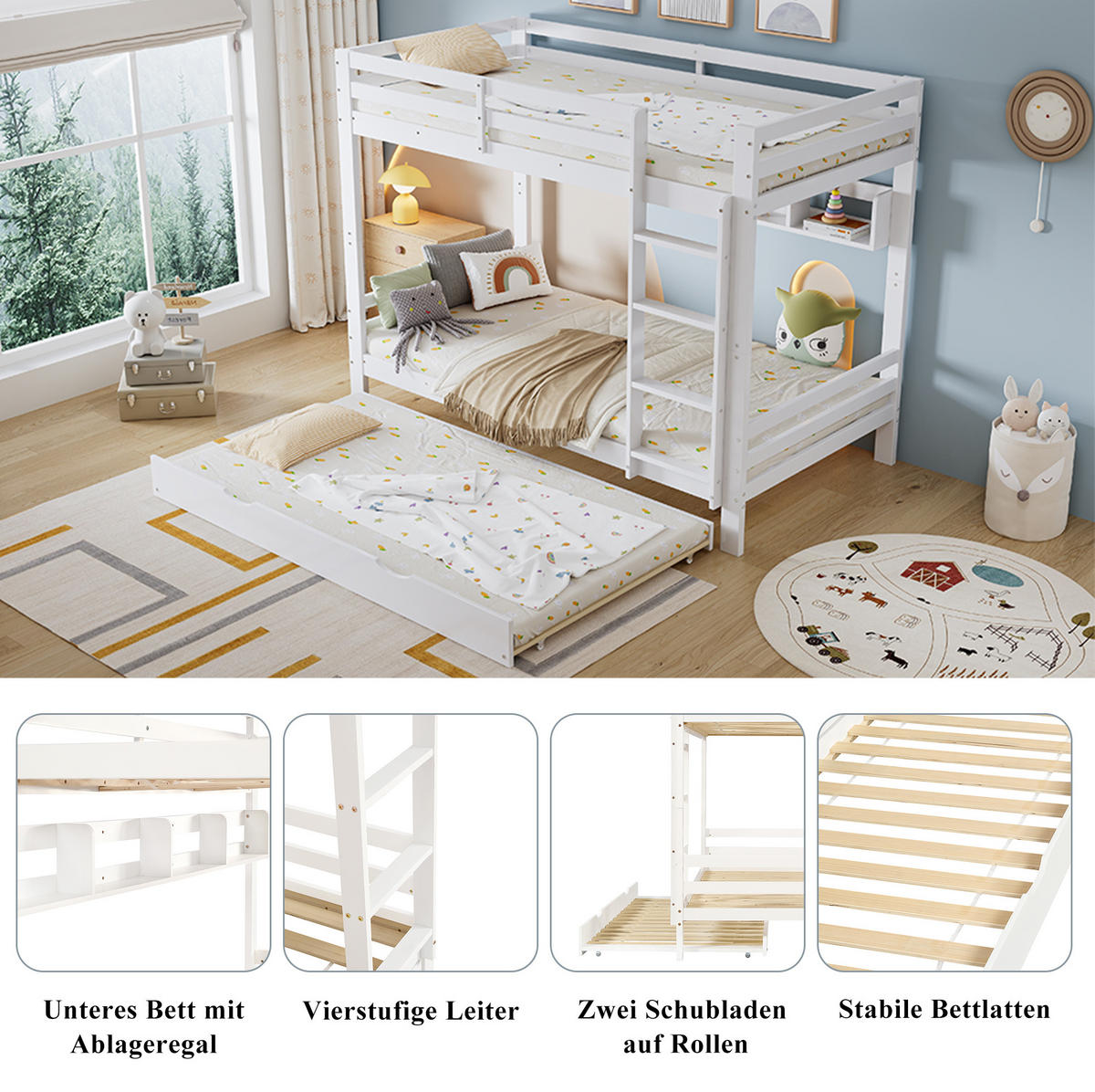 ETAGENBETT 90/200 cm in Weiß mit Ausziehbett und Regal - Weiß, Holz - BEAOK
