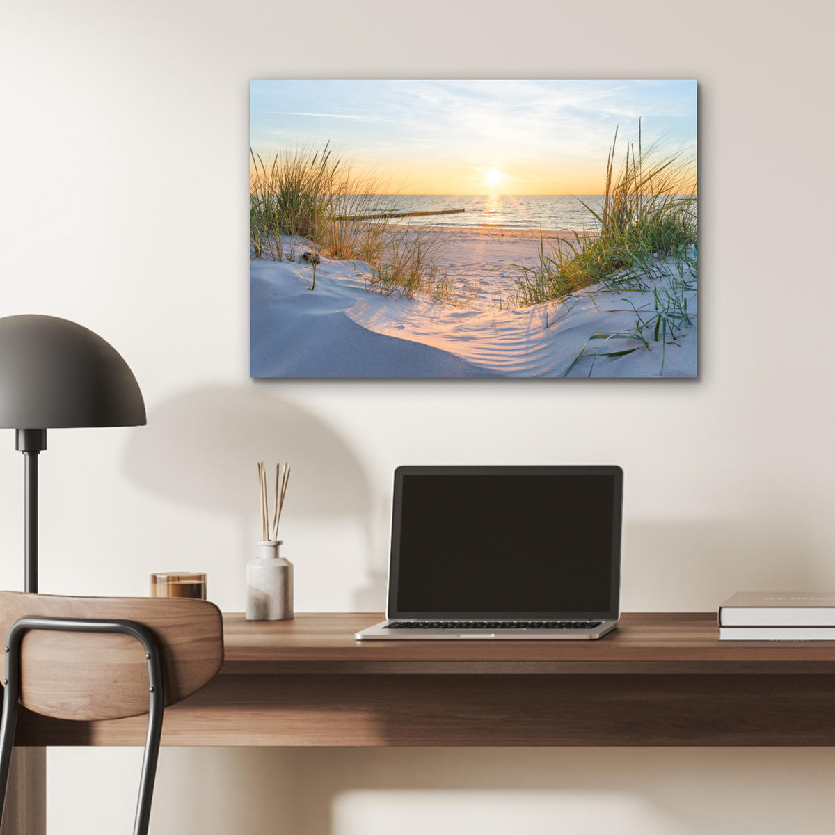 METALLBILD Strand - Sonne - Düne - Gras - Sand - Horizont 60x40 cm - Hellblau, Metall (60/40cm) - MuchoWow