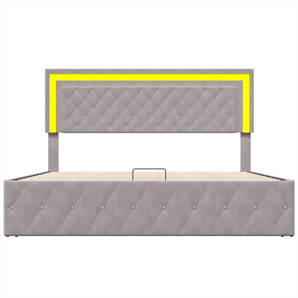 POLSTERBETT 160x200 cm - mit LED-Kopfteil und hydraulischem Bettkasten - Samt - ohne Matratze - Beige - Beige, Textil (160/200cm) - DELFA