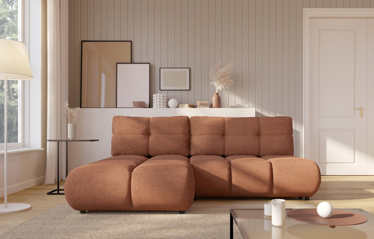 ECKSOFA CORSO L-S Orange Boucle-Stoff mit Schlaffunktion - Orange, Holz (230/177cm) - MASSENO