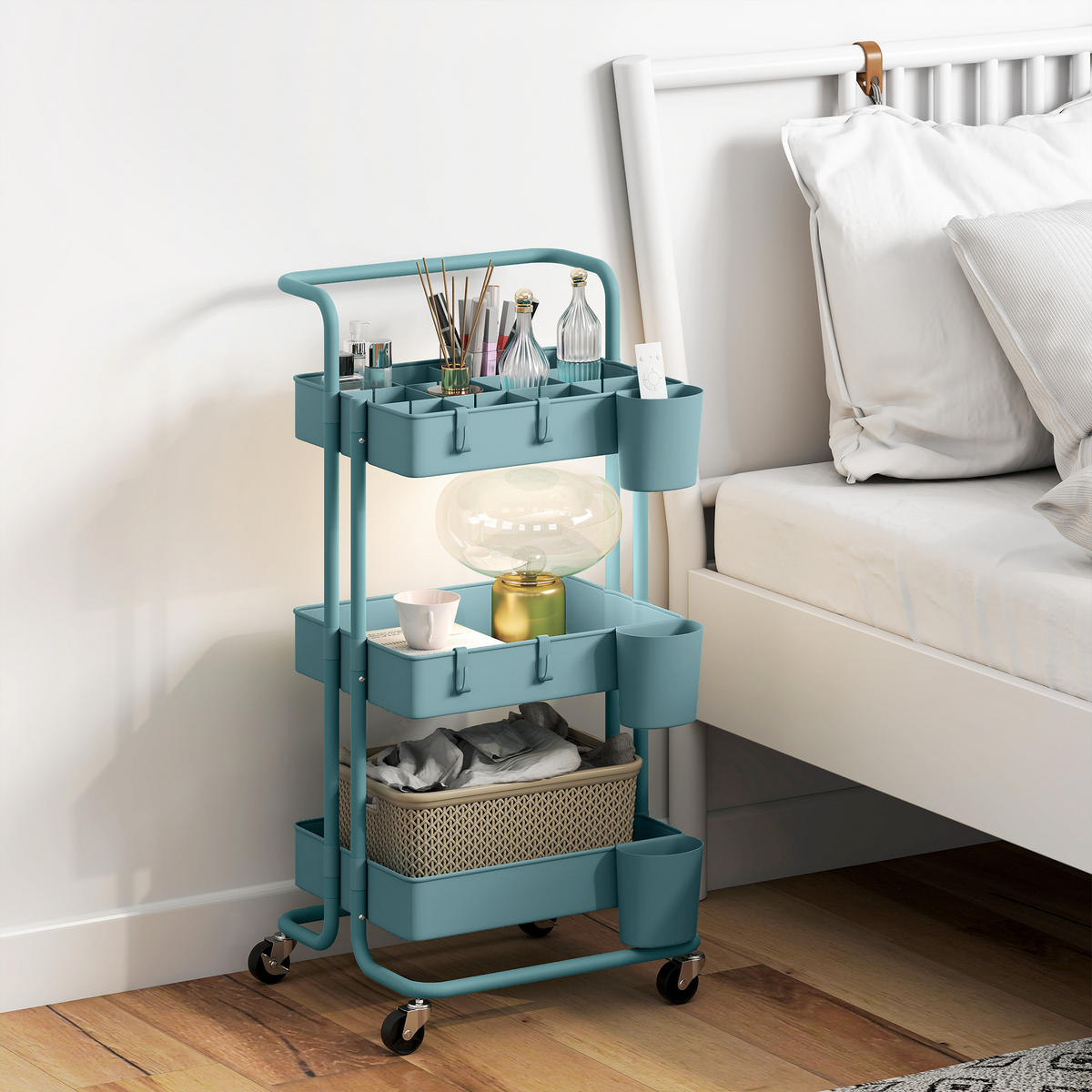 SERVIERWAGEN DE-12544 3 Ebenen mit Haken & Hängeboxen 42/38/86,5 cm Blaugrün - Weiß, Kunststoff (38/86.5/42cm) - ComfortXL