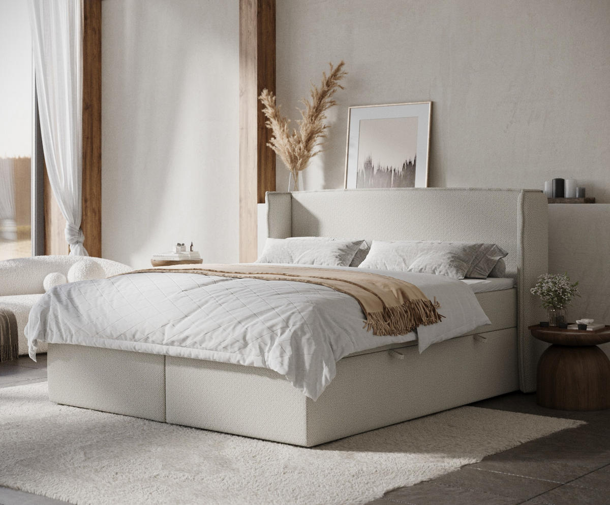 BOXBETT Skyline Beige 160/200 cm mit Matratze und Topper - Beige/Schwarz, Holz/Holzwerkstoff (160/200cm) - Maison de Reve