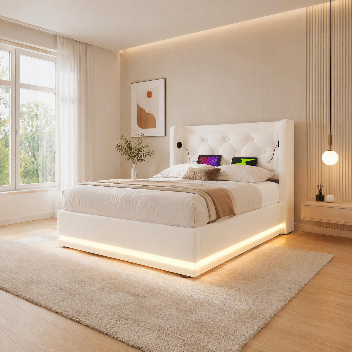 POLSTERBETT 90/200 cm in Weiß mit Bettkasten, LED, USB und Type-C - Weiß, Holzwerkstoff/Textil (90/200cm) - STILVORA