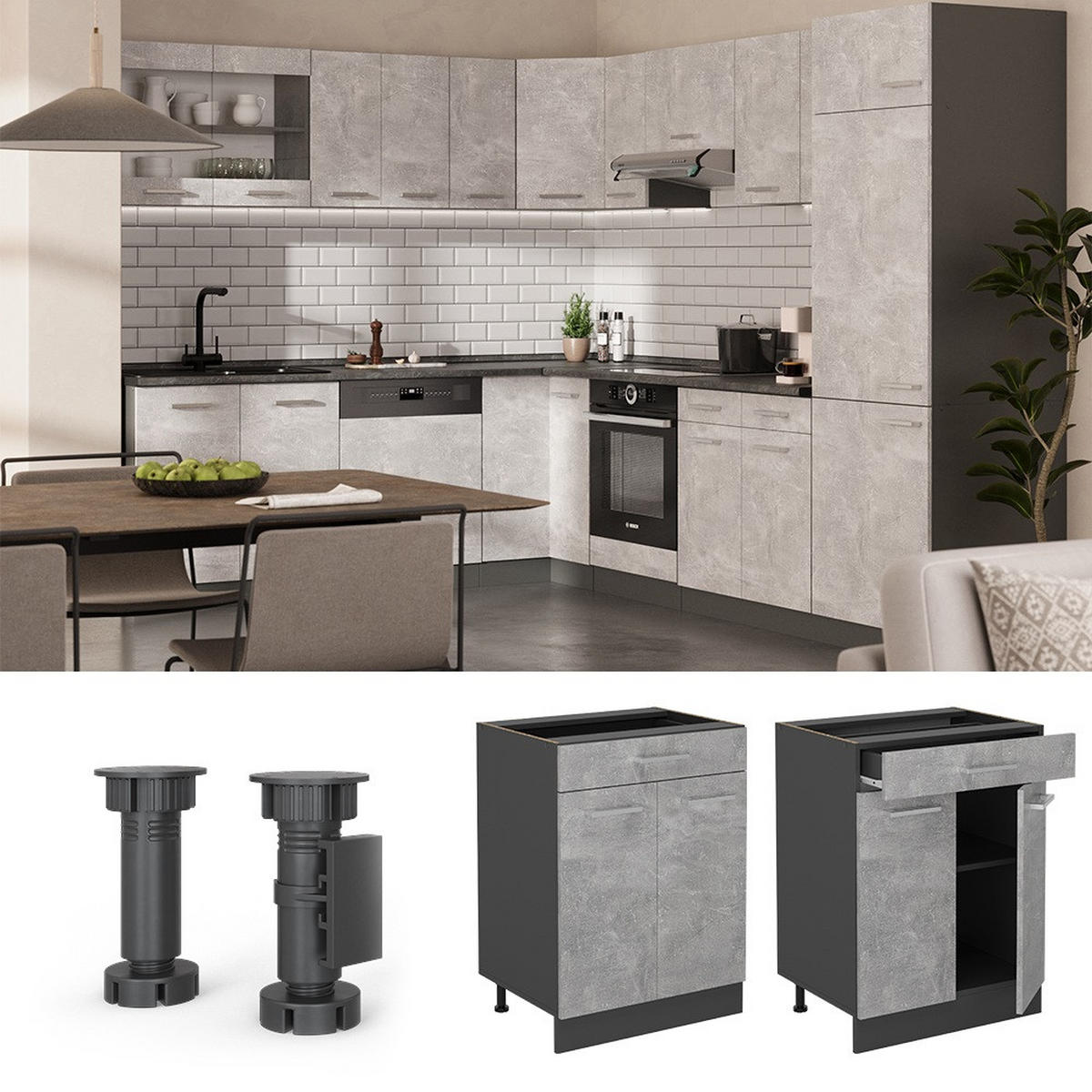 SPODNÍ SKŘÍŇKA KUCHYŇSKÉ LINKY R-Line Beton - šedá/antracitová, kompozitní dřevo (60/81.6/60cm) - Vicco