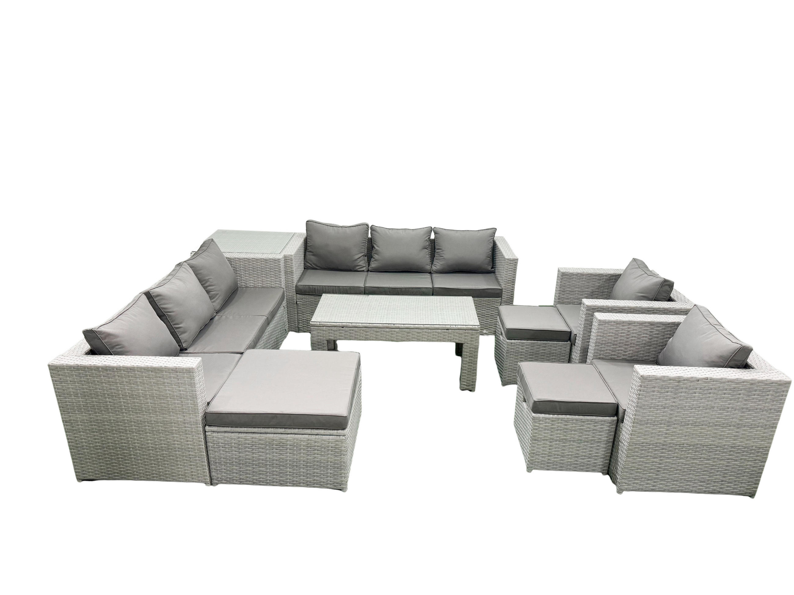 GARTENSOFA hohe Rückenlehne Polyrattan Hellgrau-Mix 11-Sitzer - Hellgrau/Grau, Glas/Kunststoff - Fimous