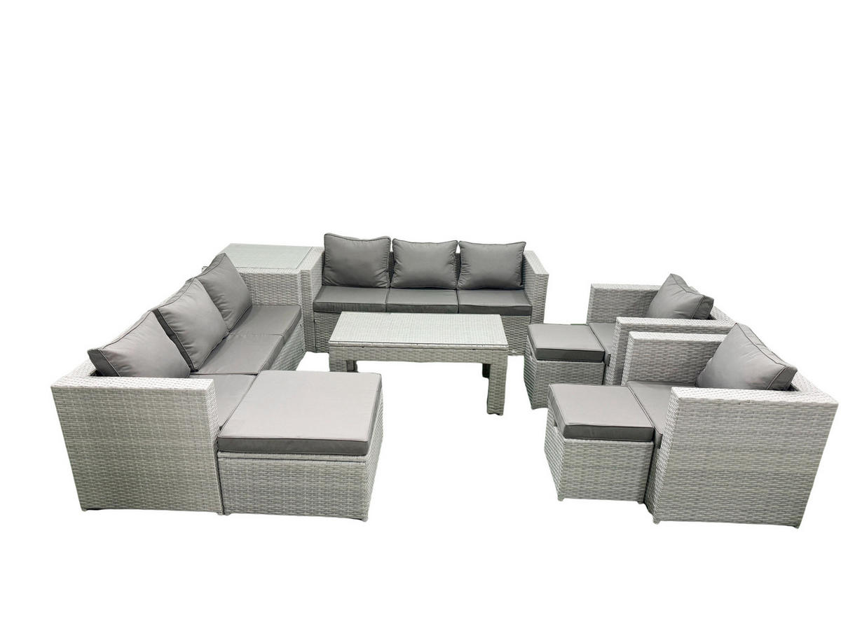 GARTENSOFA hohe Rückenlehne Polyrattan Hellgrau-Mix 11-Sitzer - Hellgrau/Grau, Glas/Kunststoff - Fimous