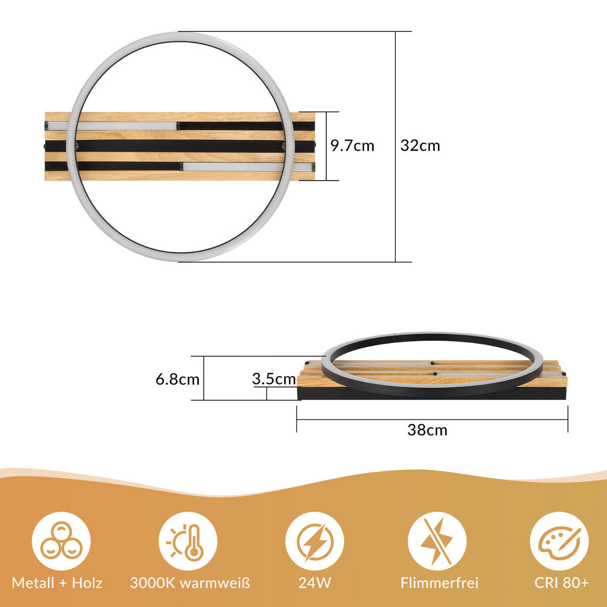 LED DECKENLEUCHTE Marenly 38/32/6.8 cm - Schwarz, Holz/Metall (38/32/6.8cm) - ZMH