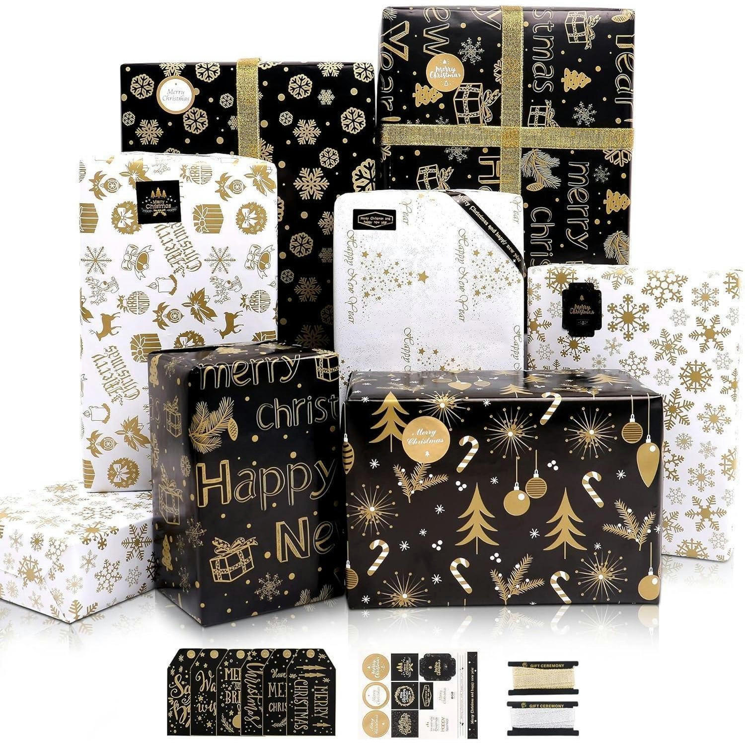 GESCHENKPAPIER Set Weihnachten 6 Blatt Gold Schwarz 70x50cm - Multicolor, Papier (50/1/70cm)