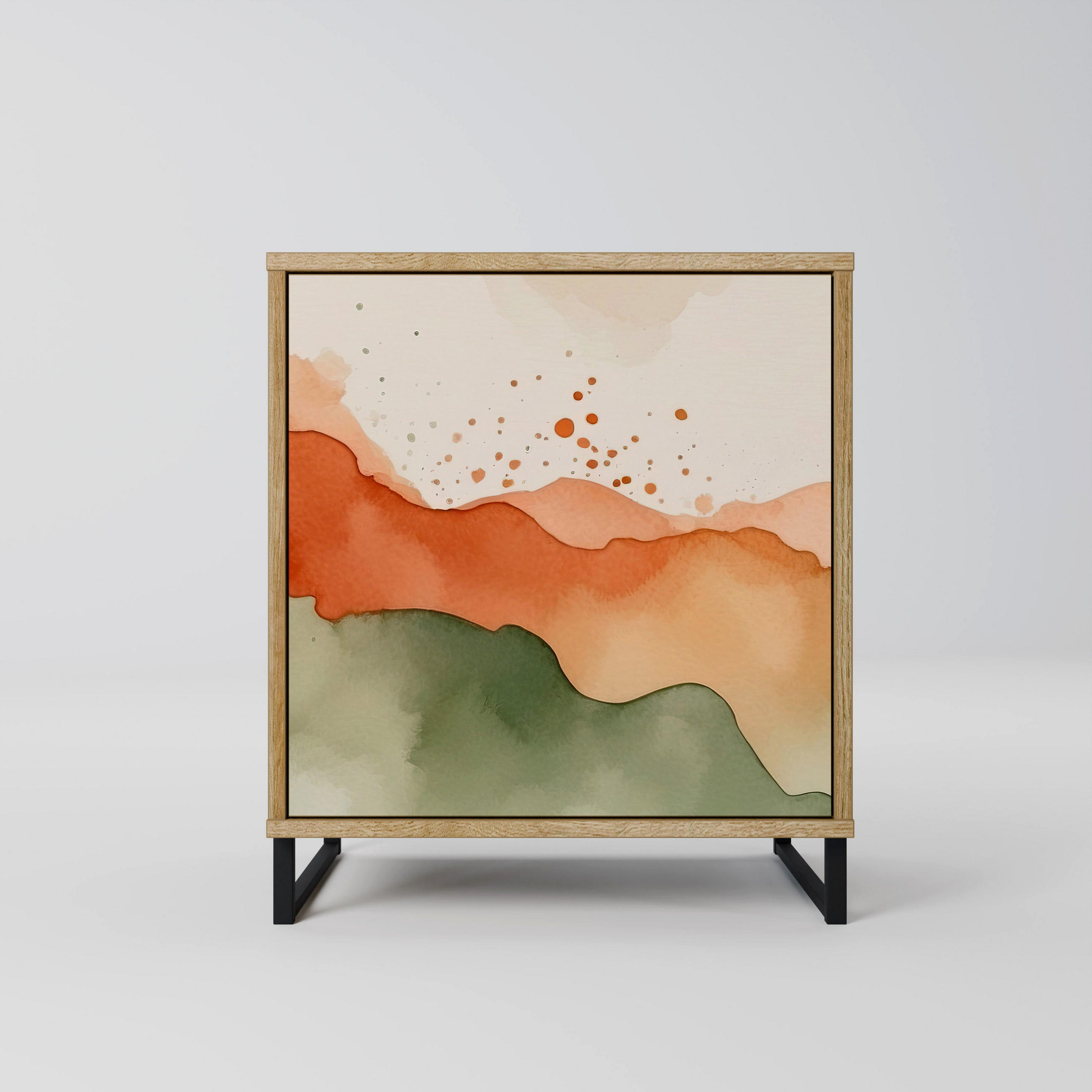 SIDEBOARD WATERCOLOUR PEAKS, Eichefarben, 57,5x42x67,5 cm, Schwarze Metall-Rahmenfüße - Eichefarben/Multicolor, Holzwerkstoff/Metall (57.5/67.5/42cm) - SpaceRebels