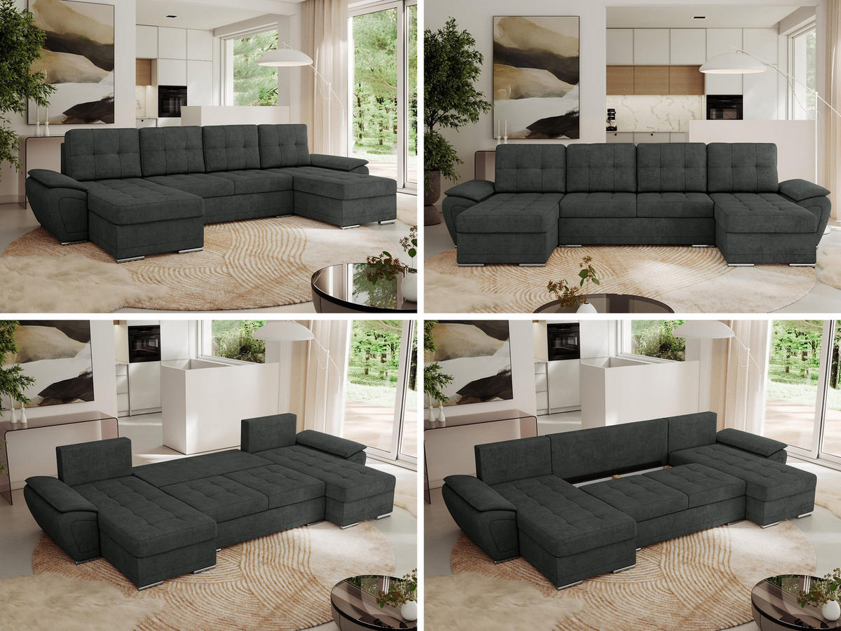 WOHNLANDSCHAFT UMBRIA U Dunkelgrau Stukture - Dunkelgrau/Grau, Textil/Metall (336/85/157cm) - MKS