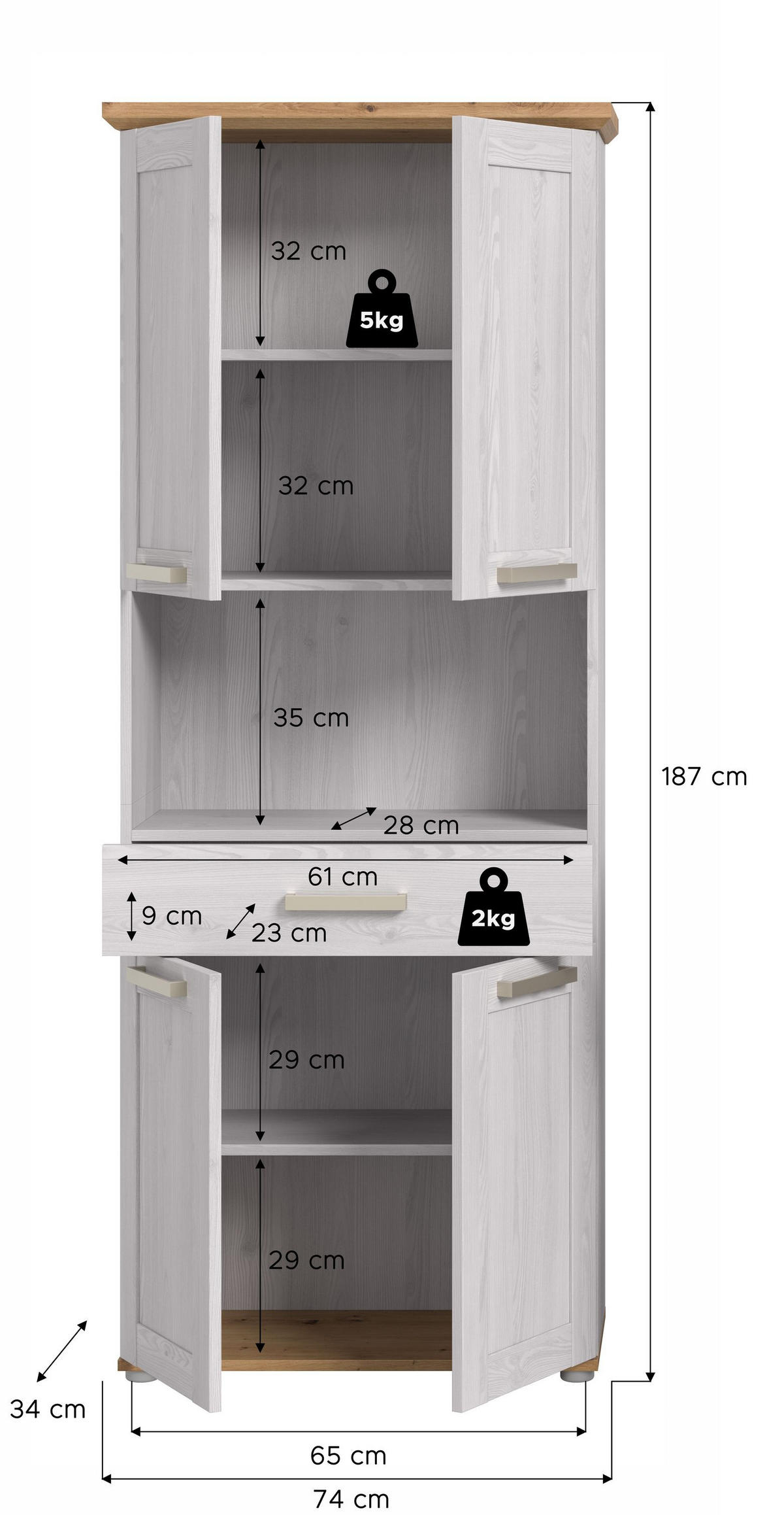 HOCHSCHRANK breit VERONA (B/H/T: ca. 74/187/34 cm) in Sibiu Lärche Nachbildung/Sibiu Lärche Nachbildung - Lärchefarben, Holzwerkstoff (74/187/34cm)