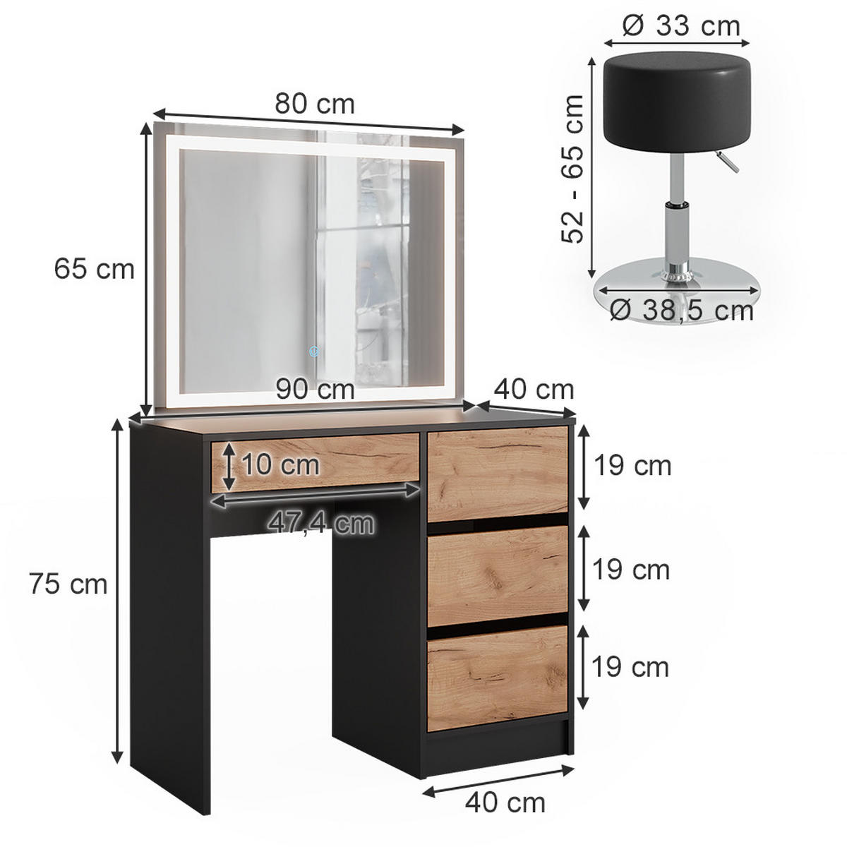 SCHMINKTISCH Sherry Anthrazit 90 x 75 cm mit LED-Spiegel und Hocker - Anthrazit/Eiche Wotan, Holzwerkstoff (90/75/40cm) - Vicco