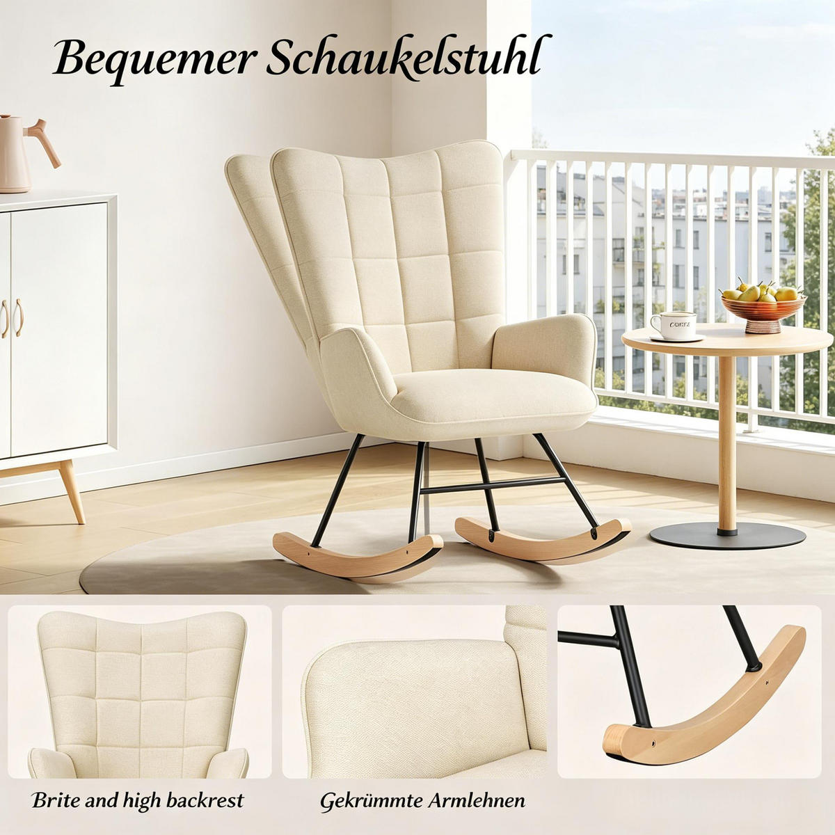 SCHAUKELSTUHL 80/67,5/95 cm beige aus Samt mit Massivholz und Metall, hoher Rückenlehne - Beige, Metall (65/95/67.5cm) - OKWISH