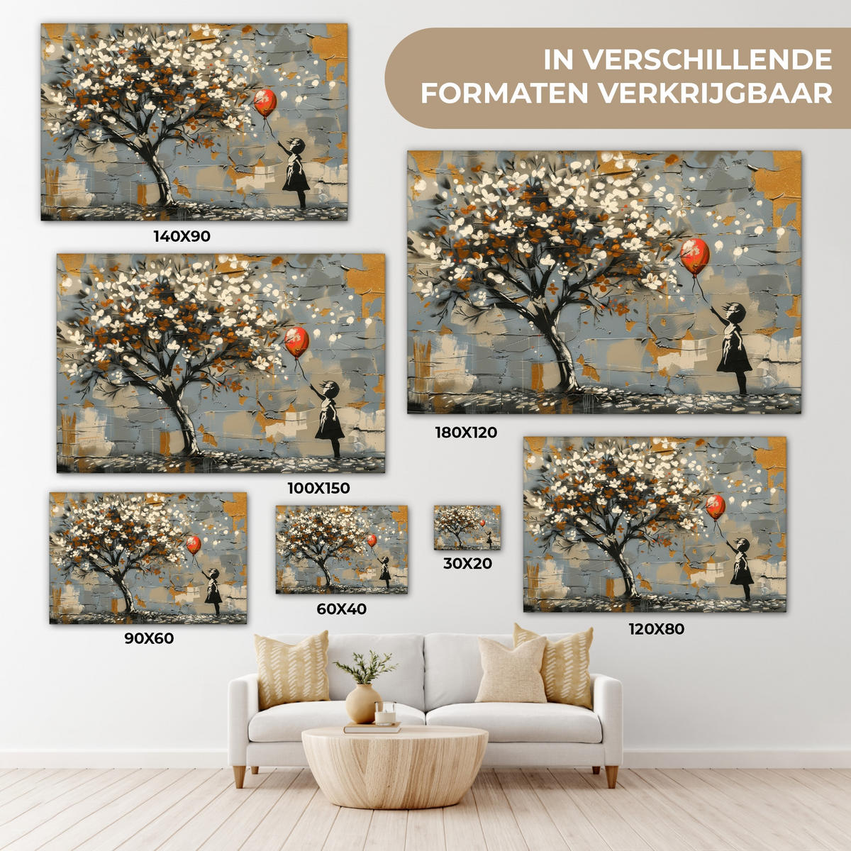 LEINWANDBILD Baum - Graffiti - Banksy-Stil - Ballon-Mädchen Wanddeko 90x60 cm - Blaugrau, Textil (90/60cm) - MuchoWow