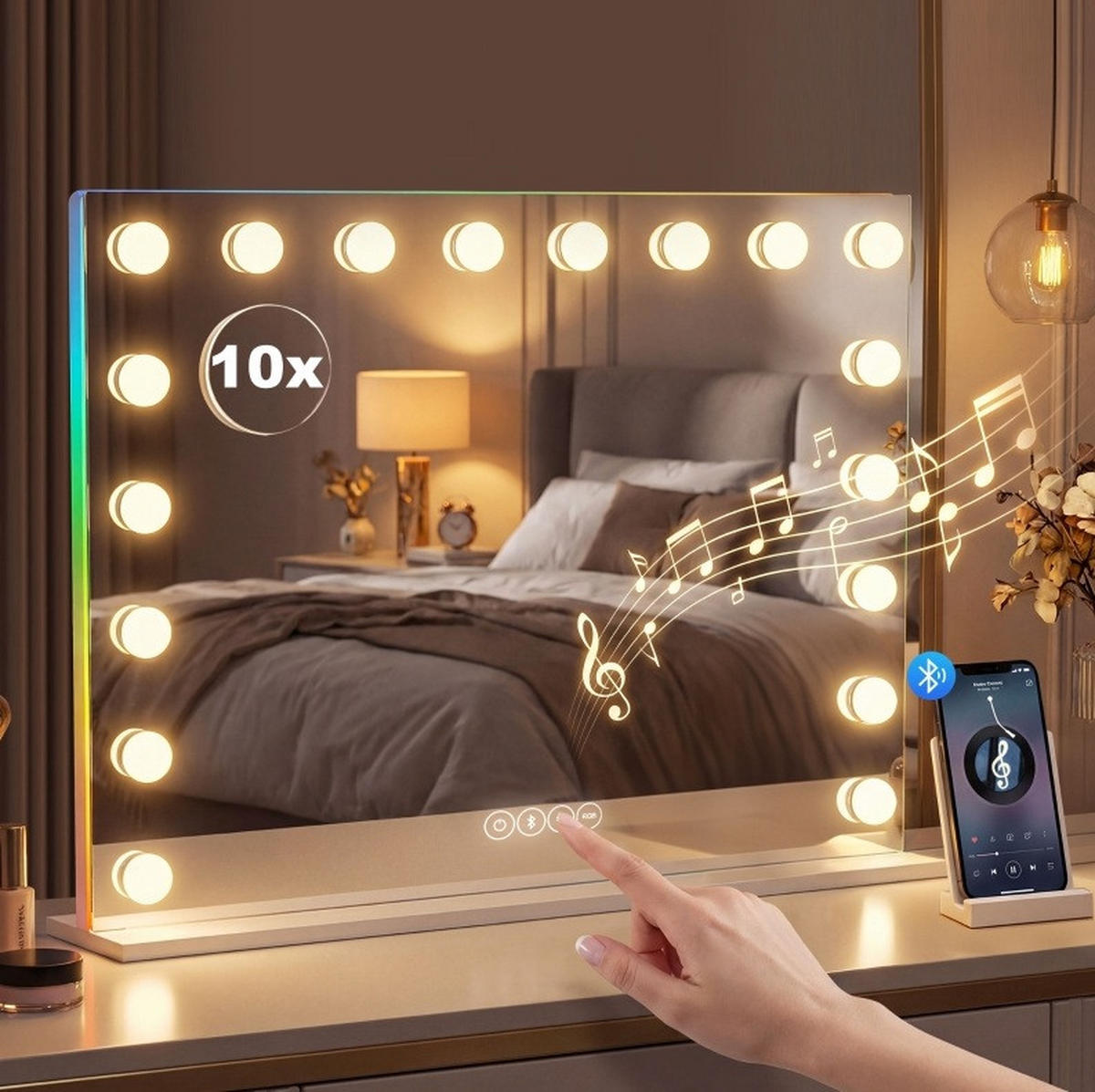 WANDSPIEGEL 80/14/60 cm weiß aus Glas mit LED, RGB und Bluetooth - Weiß, Glas (14/60/80cm) - OKWISH
