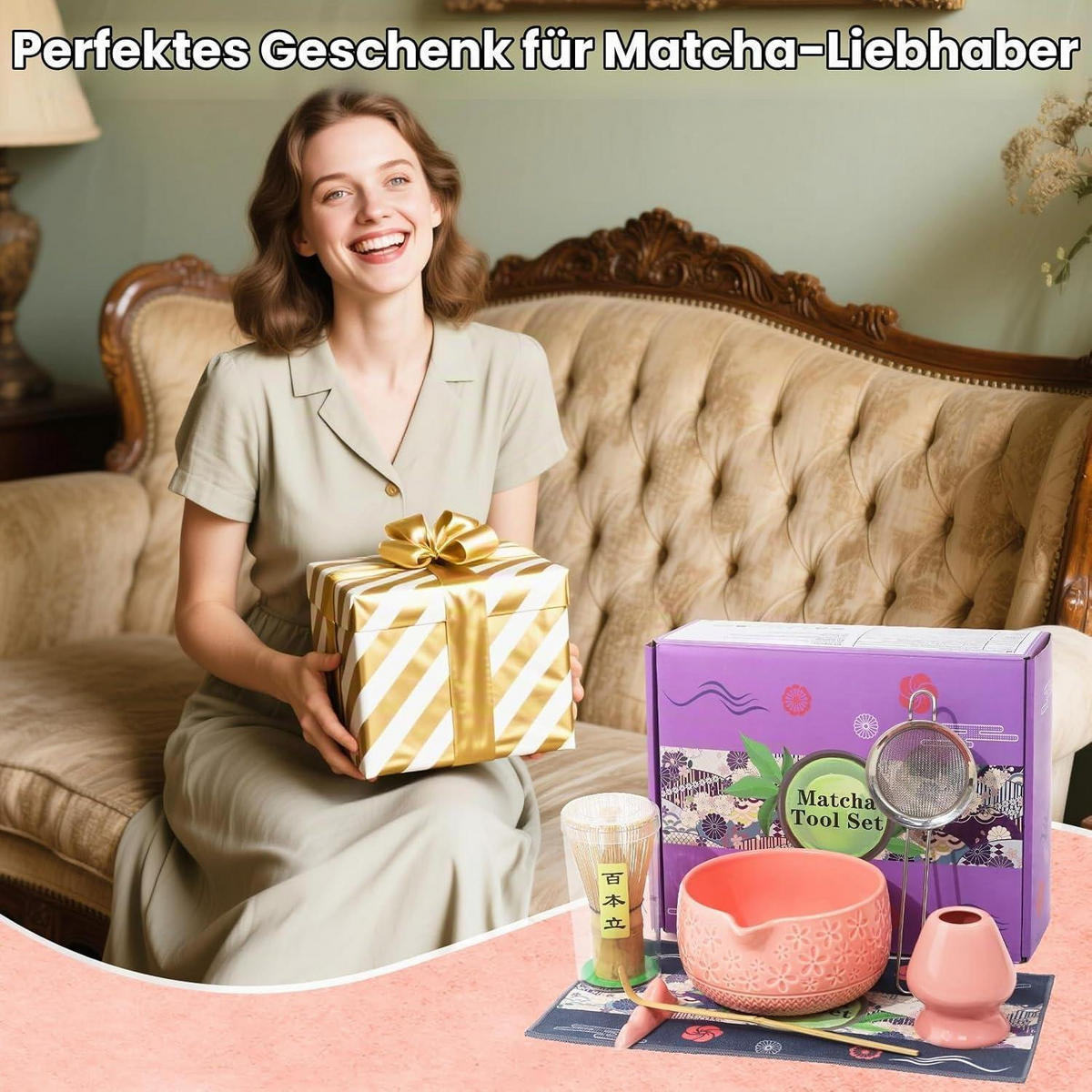 MATCHA Set 7-teiliges Set Keramikschale Bambusbesen Edelstahlsieb Rosa - Rosa, Keramik (14.7/13/19cm)