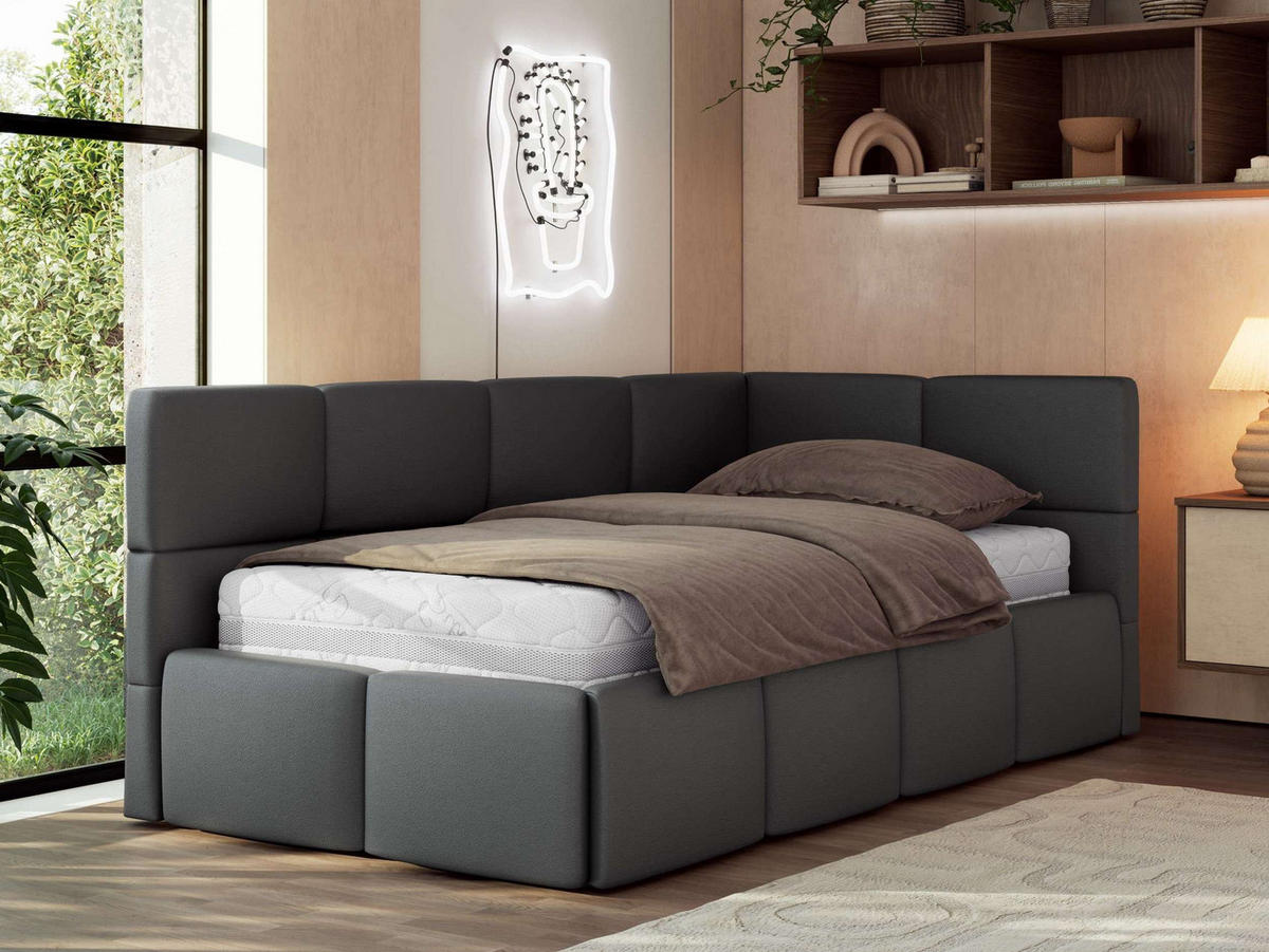 JUGENDBETT ARVO 90/200 - Grau Kunstleder - ohne Matratze - Rechts Seite - Grau, Textil (200/90cm) - MKS