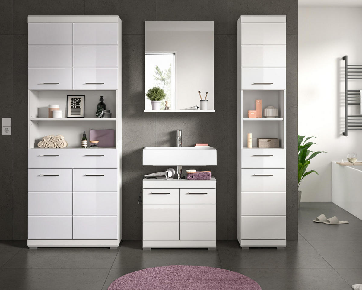 BADMÖBEL-SET weiß Hochglanz 4-teilig 200 cm, Komplettset mit viel Stauraum - Weiß Hochglanz, Glas/Holzwerkstoff (186/191/34cm) - Inn.Furn