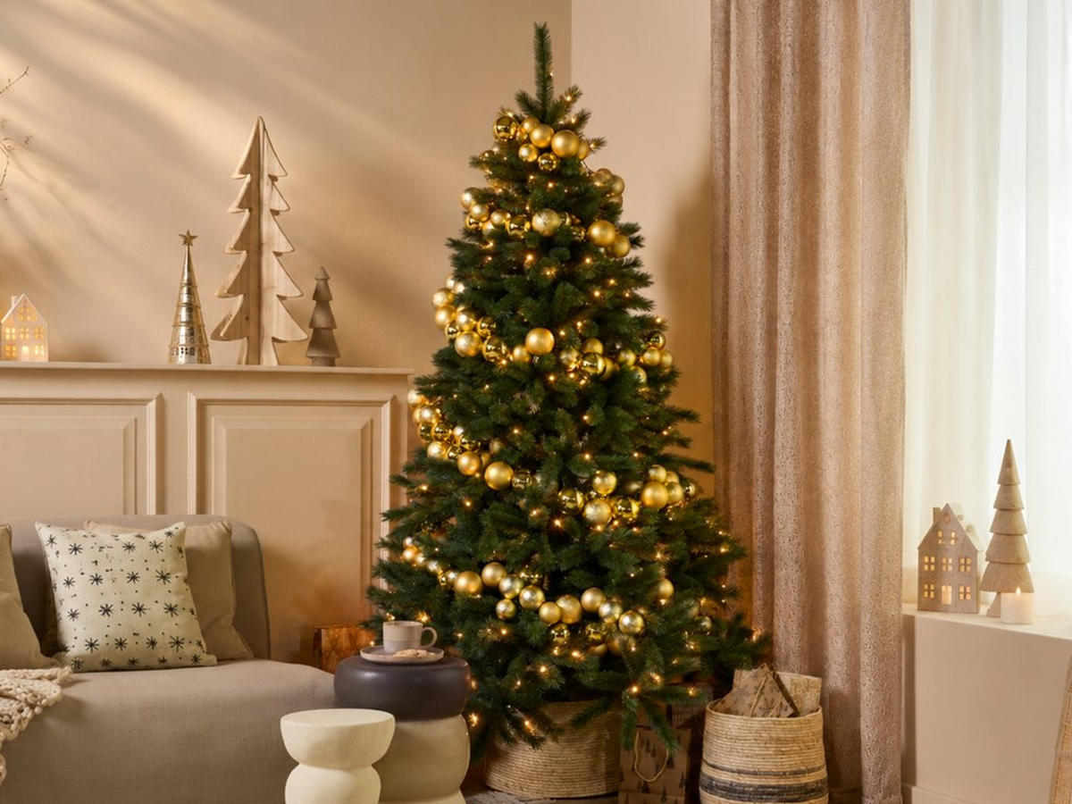 WEIHNACHTSBAUM künstlicher 150 cm – KÖNIGSGOLD II, geschmückt mit 240-teiligem Weihnachtsbaumschmuck, inkl. Ständer - Goldfarben/Grün, Kunststoff/Metall (104/150cm) - LAALU
