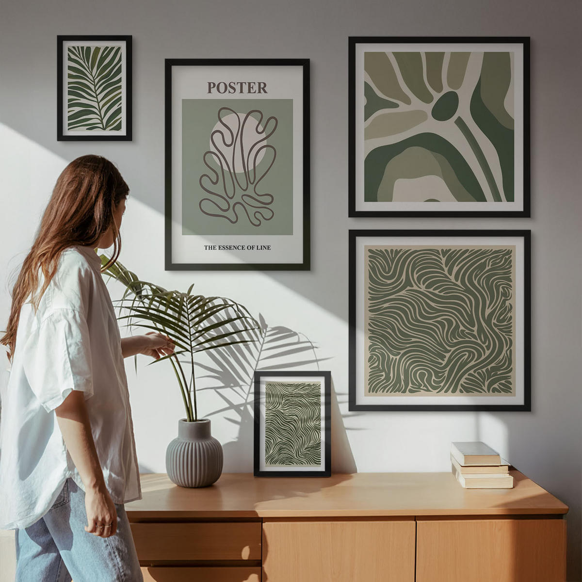 WANDBILDER 5er-Set - 50x50 cm & 20x30 cm & 40x60 cm Schwarzer Rahmen - Blattmuster und wellenförmige Formen - Schwarz, Kunststoff (40/60cm) - ArtPrintCave