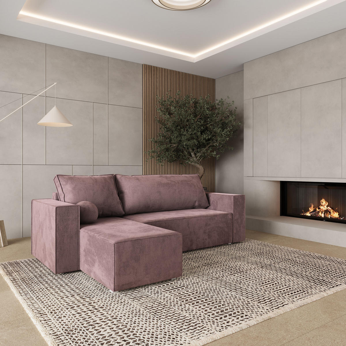 ROHOVÁ SEDAČKA RAVELO šeříková - šedá/šeříková, dřevo/textil (240/140cm) - MASSENO