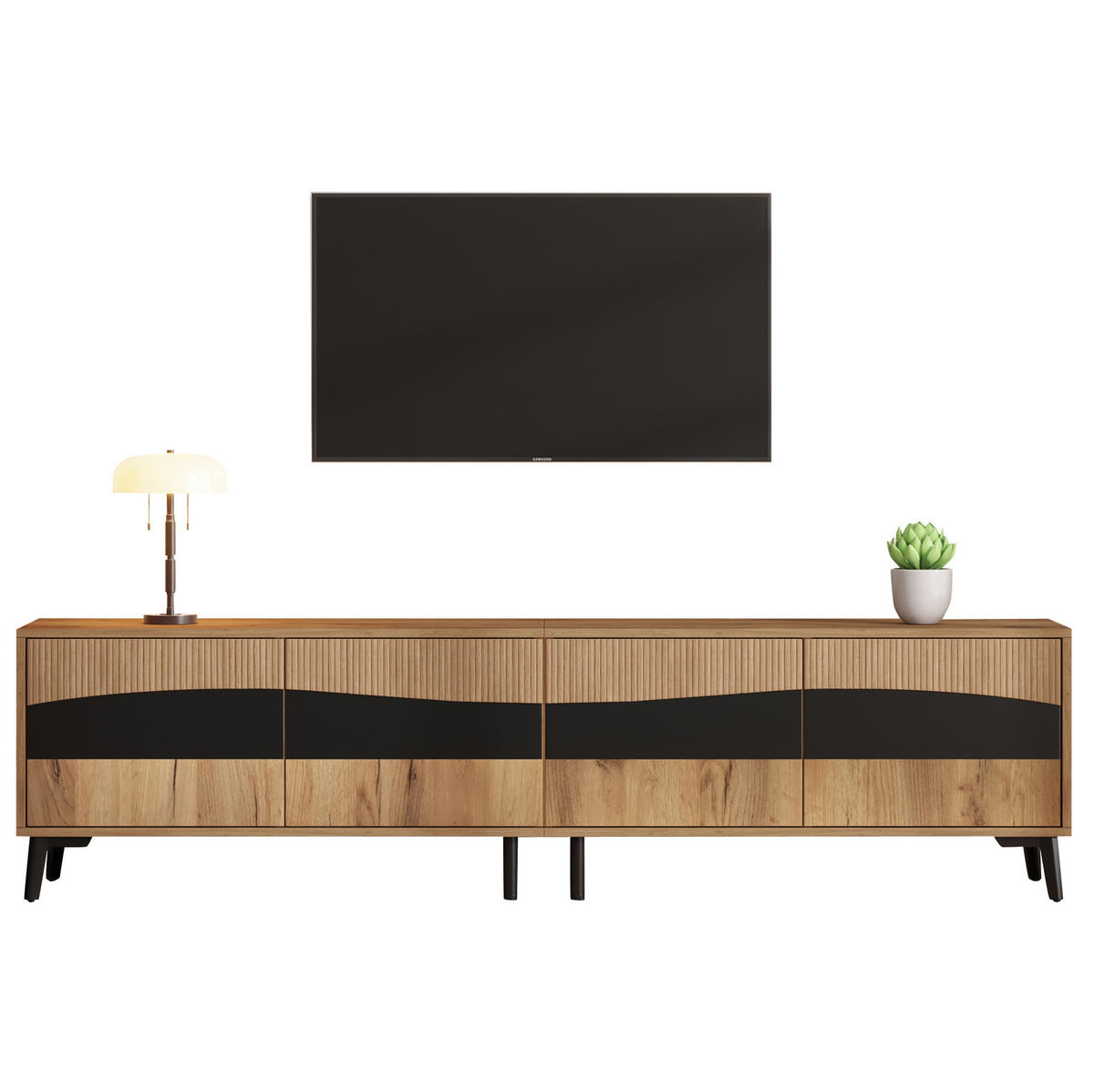 LOWBOARD 180/40/50 cm aus Spanplatte mit 4 Türen und symmetrischem Design Naturfarben/Schwarz - Naturfarben, Holzwerkstoff (180/50/40cm) - Modenvie