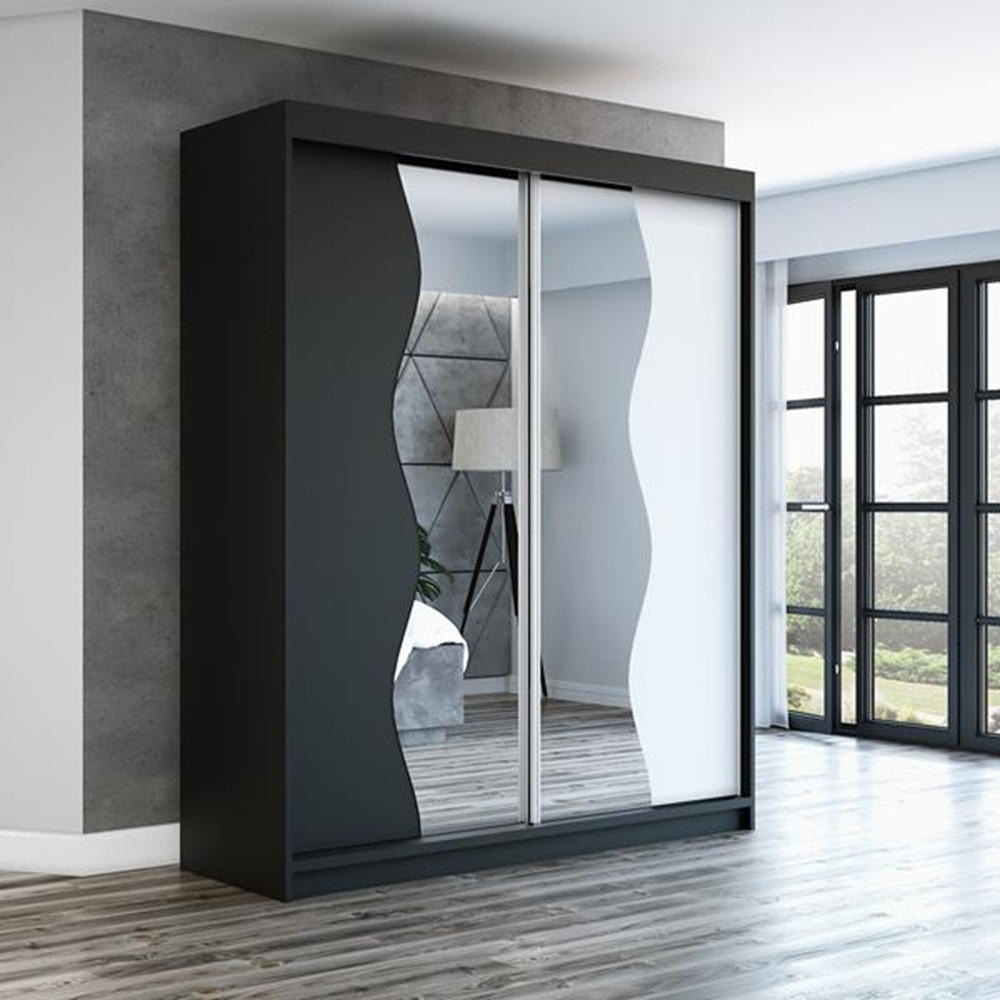 SCHWEBETÜRENSCHRANK 160 CM RIMA Farbe: Schwarz / schwarz / weiß - Schwarz/Weiß, Holzwerkstoff (160/215/59.5cm) - A&J MöbelLand