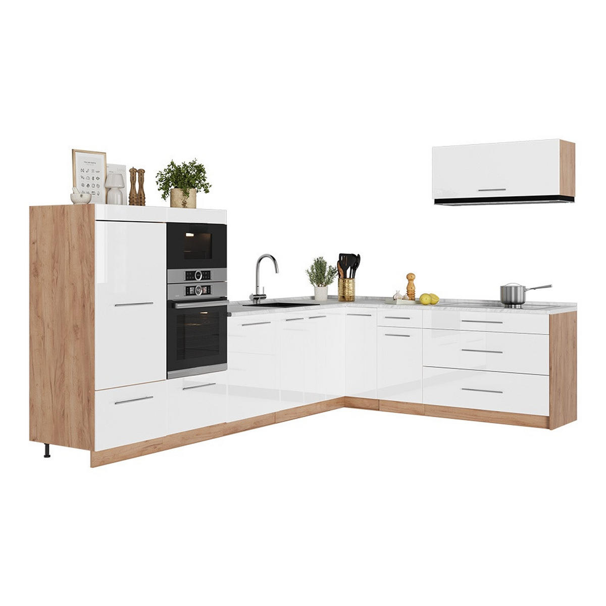 KUHINJA U OBLIKU SLOVA L Fame-Line, Sjajna Bijela /Hrast zlatnog tona, 327 x 227 cm bez radne ploče - hrast medunac/bijela visoki sjaj, drvni materijal (327/153.6/51.6cm) - Vicco