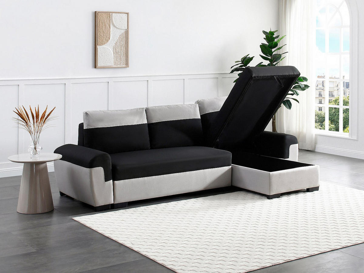 ECKSOFA mit Schlaffunktion - Ecke wechselbar - Stoff - Schwarz & Hellgrau - GABY II - Schwarz, Textil (264/145cm) - Vente-Unique