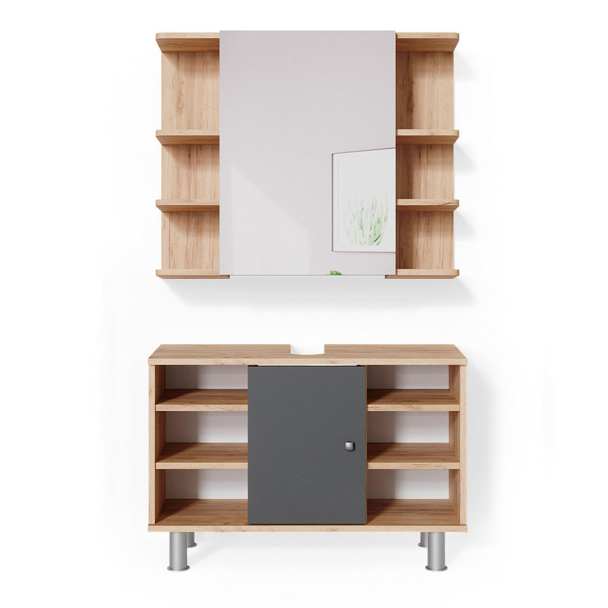 BADMÖBEL-SET Fynn Goldkraft Eiche 2 Teile, Unterschrank 80 cm - Anthrazit/Eiche Wotan, Holzwerkstoff (60/54/32cm) - Vicco
