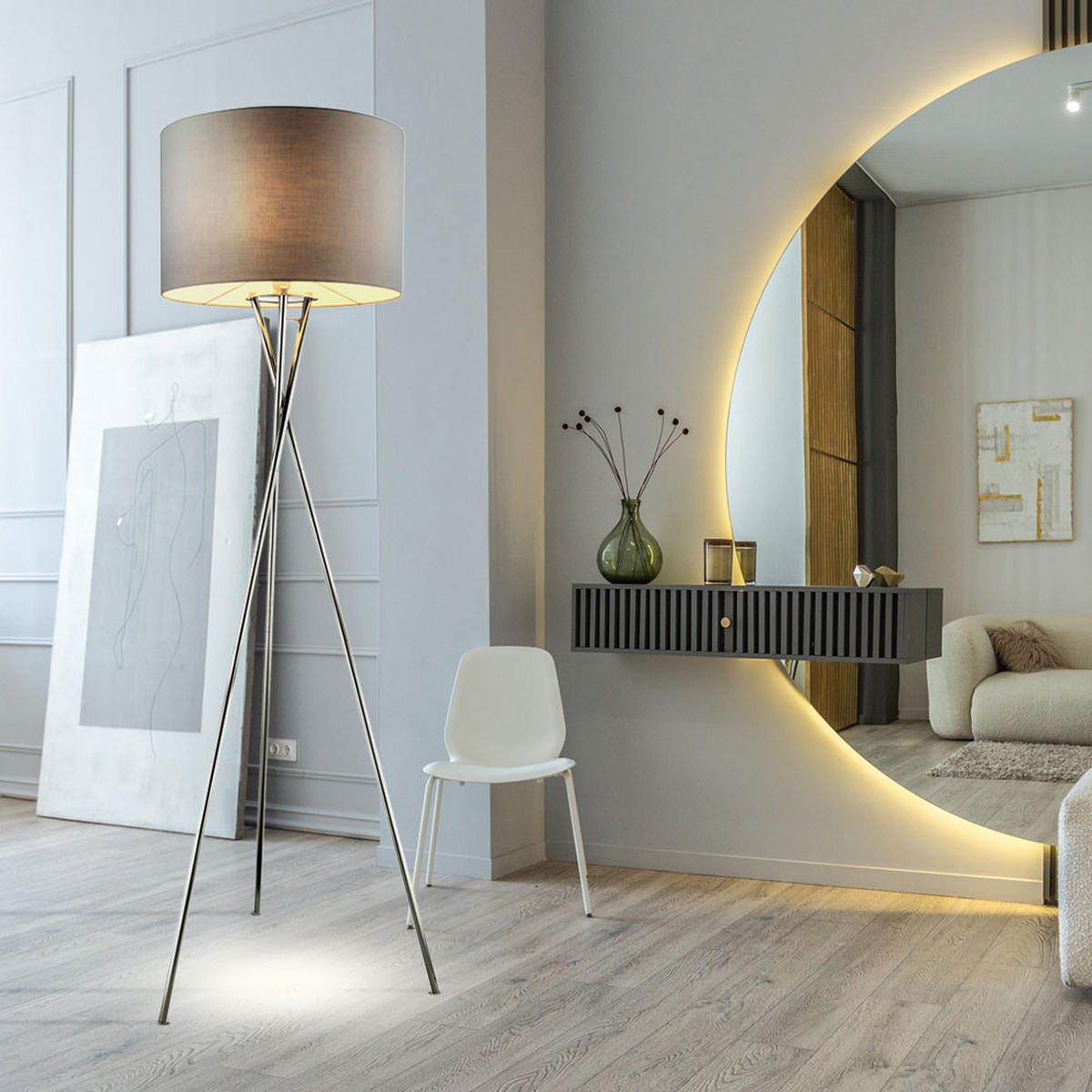 LED STEHLEUCHTE GUSTAV Silber Metall Textil - Silberfarben, Metall (54/54/160cm)