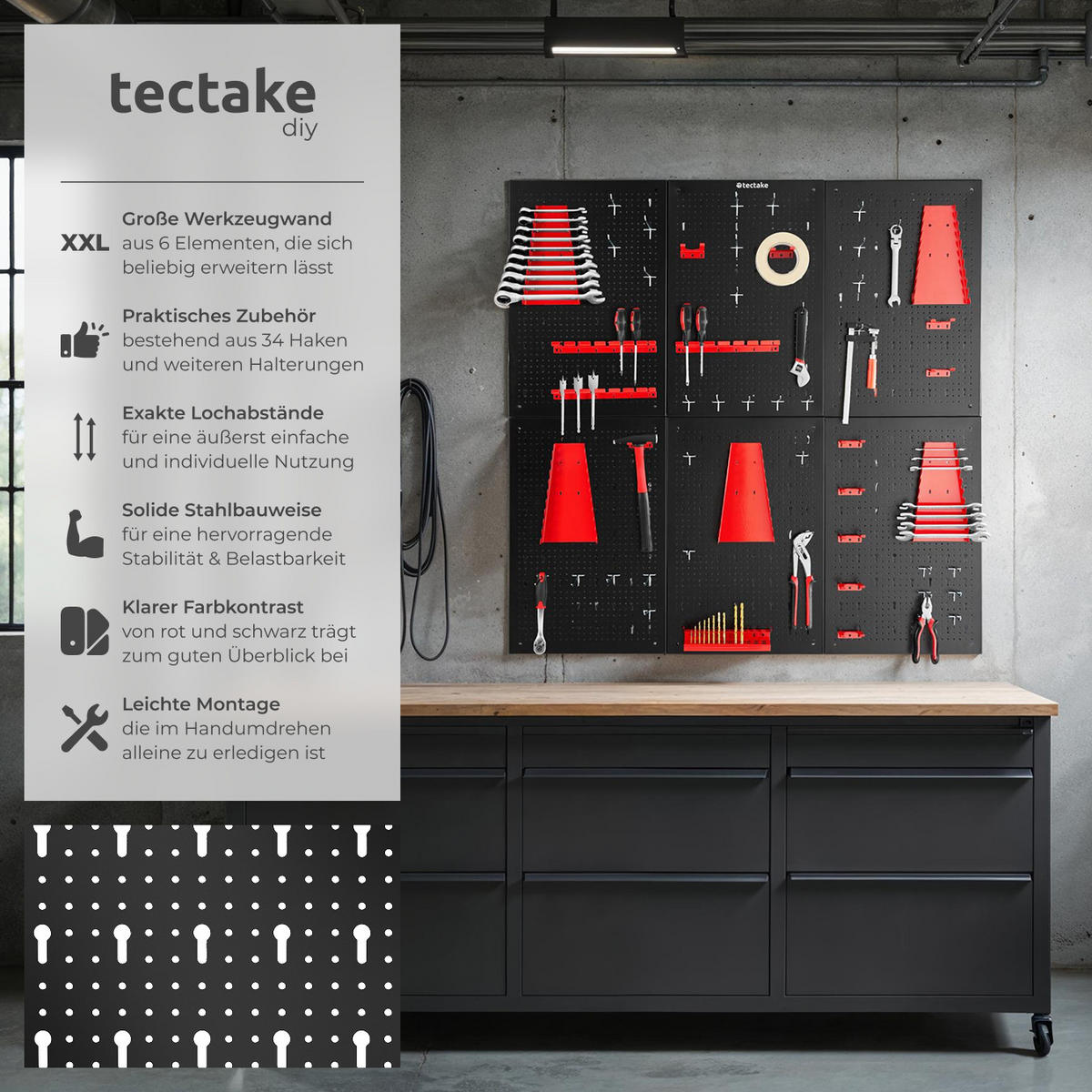 WERKZEUGLOCHWAND Jonah,Belastbarkeit 4 kg pro Platte,schwarz/rot - Rot/Schwarz, Metall (240/60/2cm) - tectake