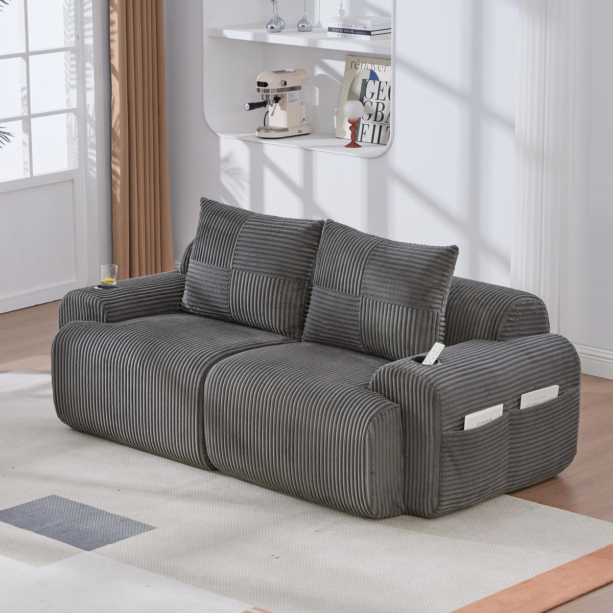 2-SITZER Sofa Cordstoff mit Getränkehalter und Seitentasche 200/99/80 cm Dunkelgrau - Dunkelgrau, Textil (99/80/200cm) - Redom
