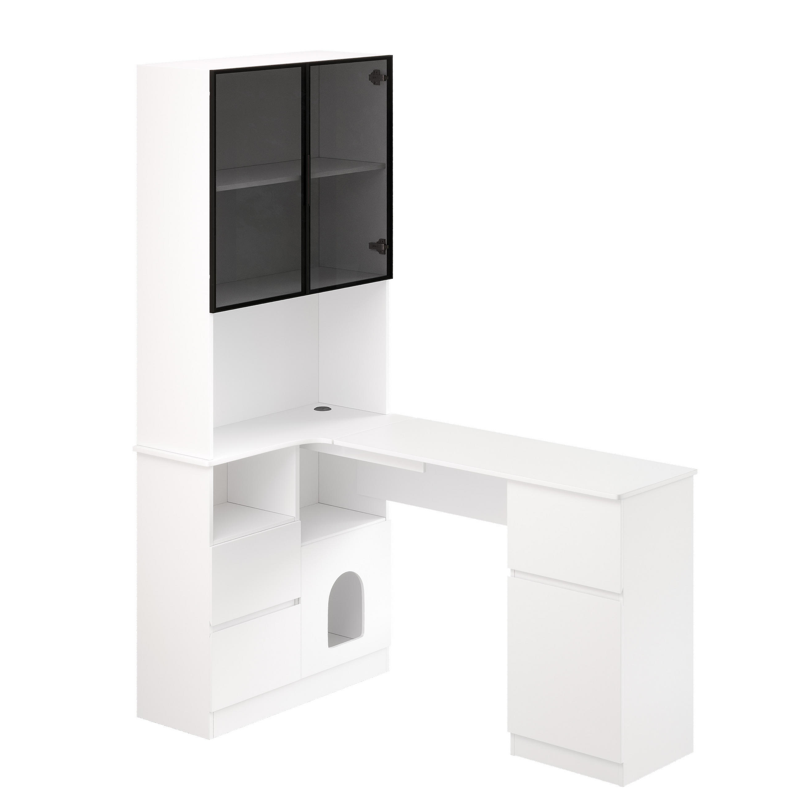 ECKSCHREIBTISCH Weiß 120/80/180 cm mit Regal LED-Vitrine und 3 Schubladen - Weiß, Holzwerkstoff (80/120/180cm) - PANGIVO