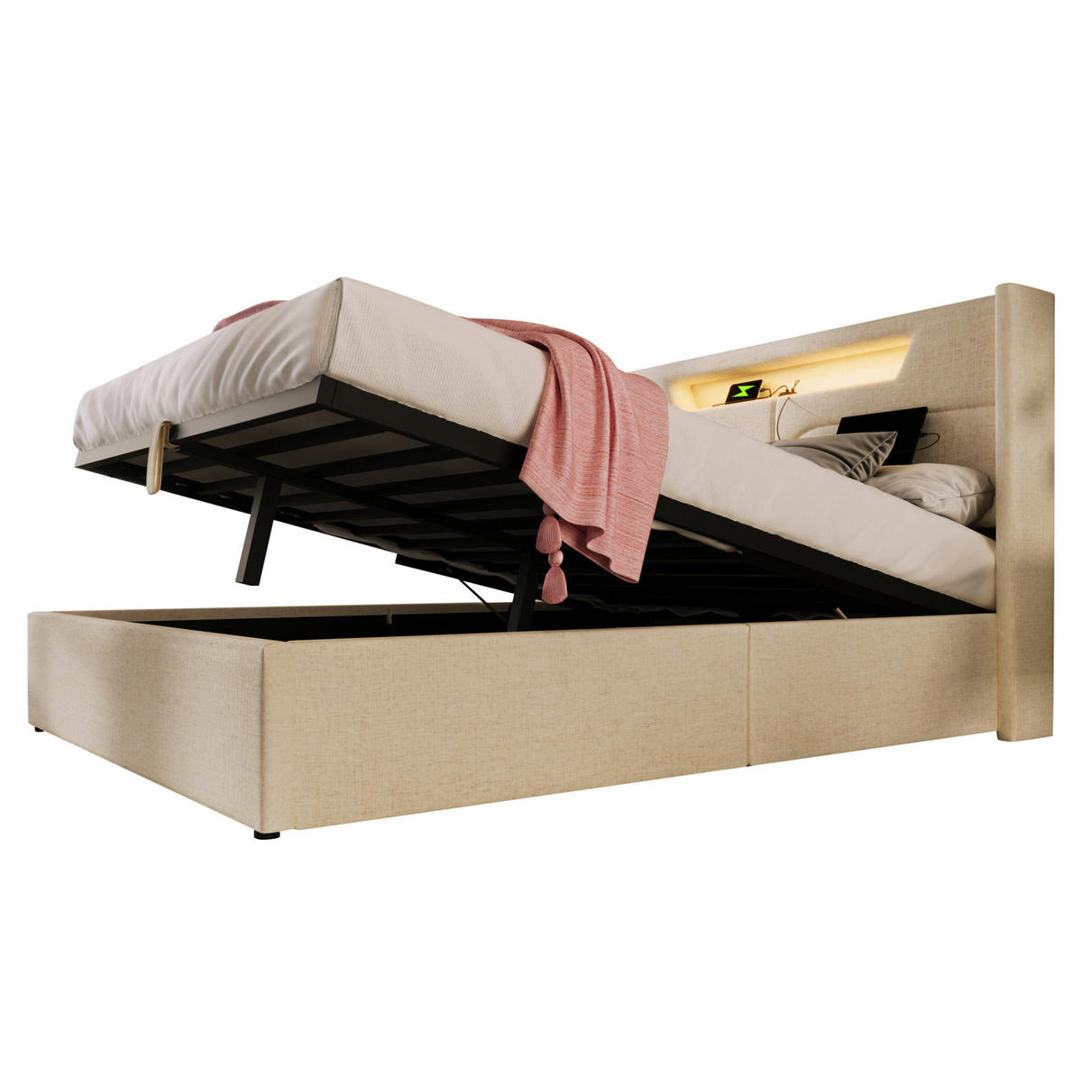 POLSTERBETT 160/200 cm aus Leinen mit LED und USB-C Ladefunktion Beige - Beige, Textil (160/200cm) - Modenvie