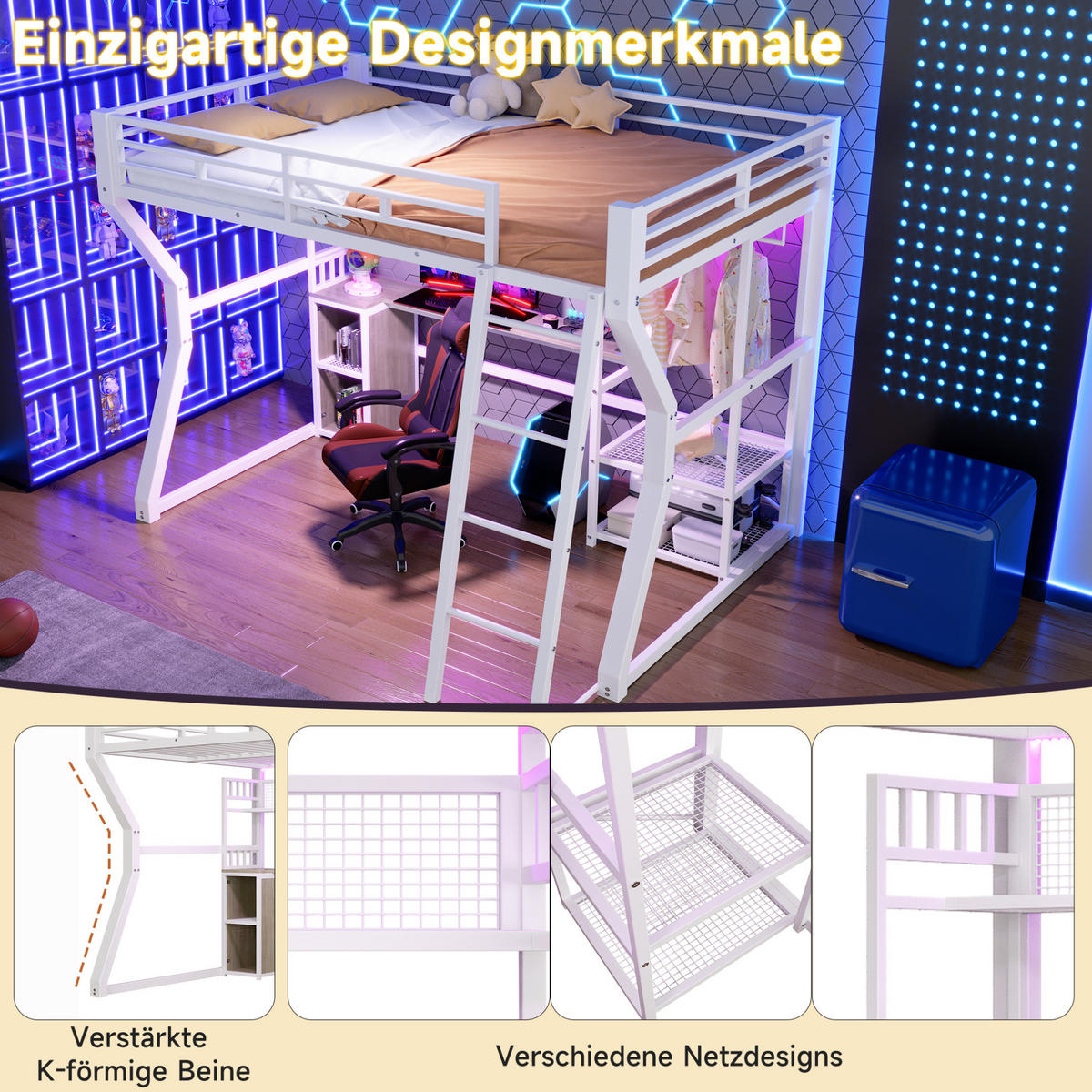 VISOKA postelja 140/200 cm bela z mizo, osvetlitvijo in obešalnim delom iz kovine in MDF - bela, leseni material (140/200cm) - OKWISH