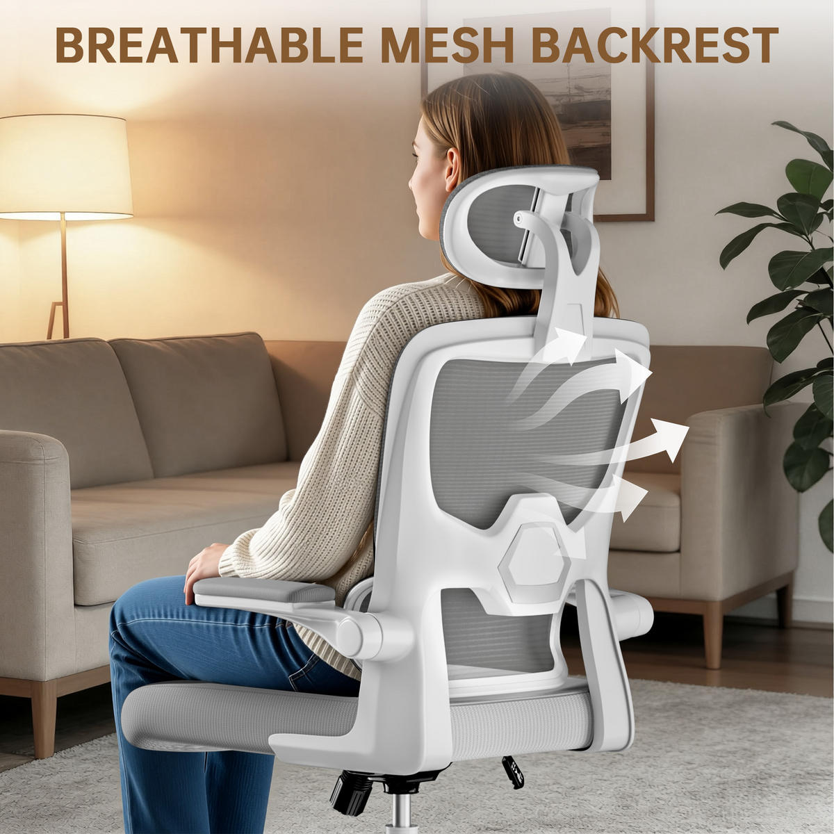 BÜROSTUHL Weiß-Grau ergonomisch mit klappbaren Armlehnen - Grau, Metall (25/52.5/65cm) - Rattrix