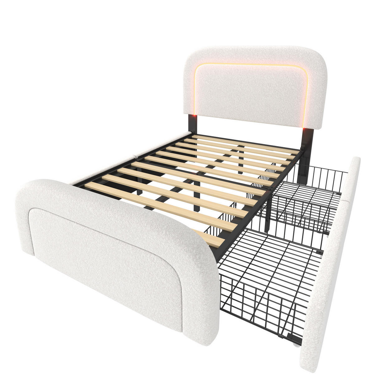 POLSTERBETT 90/200 cm aus Sherpa mit USB-C, LED-Beleuchtung, 2 Schubladen und Matratze, Weiß - Weiß, Textil (90/200cm) - Redom