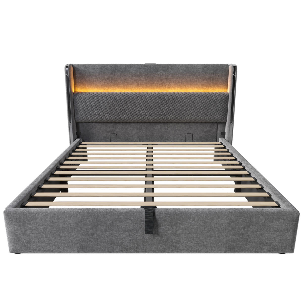 POLSTERBETT 140/200 cm mit hydraulischem Bettkasten, LED & USB/Type-C, hohes Kopfteil, Grau - Grau, Textil (140/200cm) - Redom